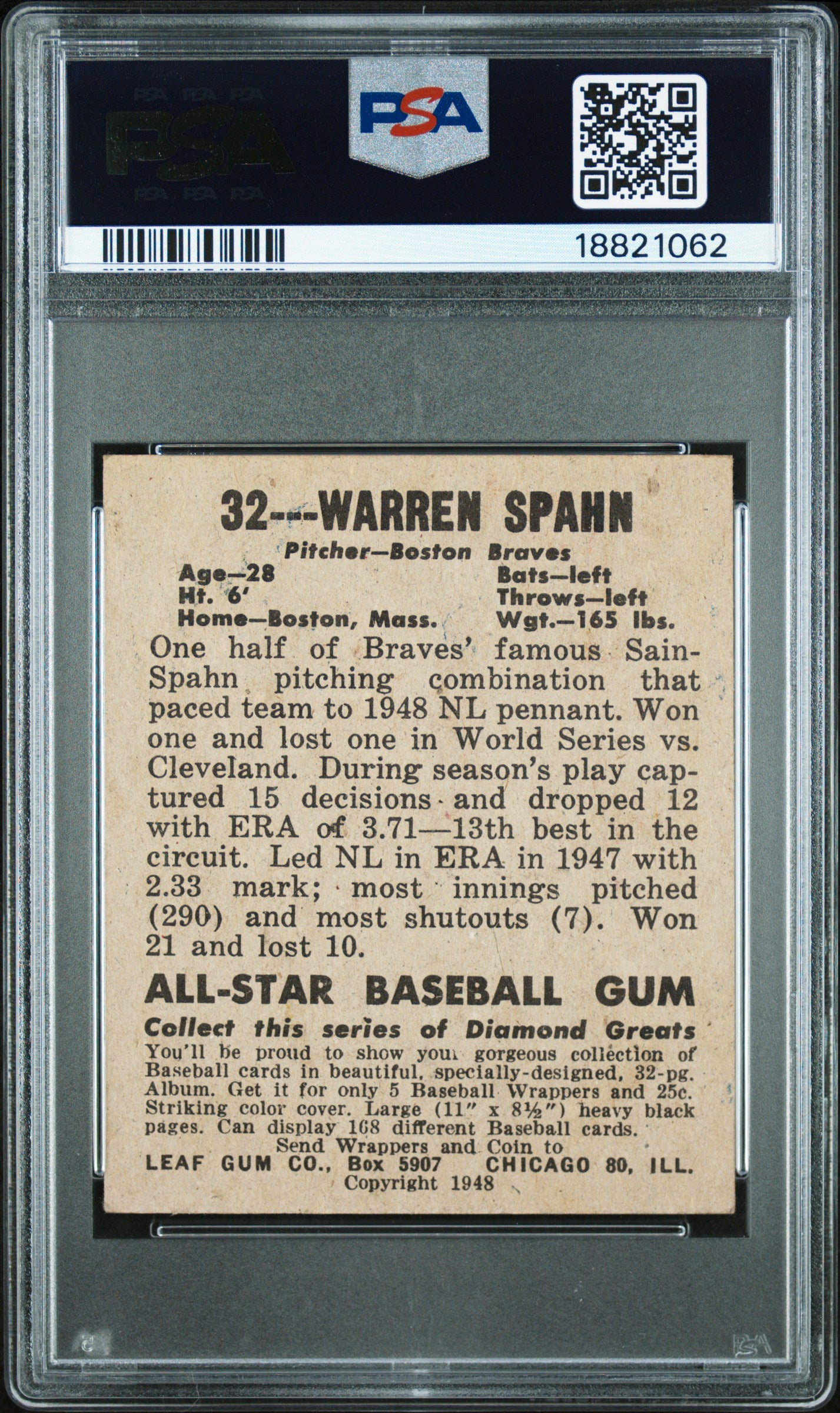 1948 Leaf #32 Warren Spahn RC Rookie PSA 5 EX Nice Eye Appeal New Label