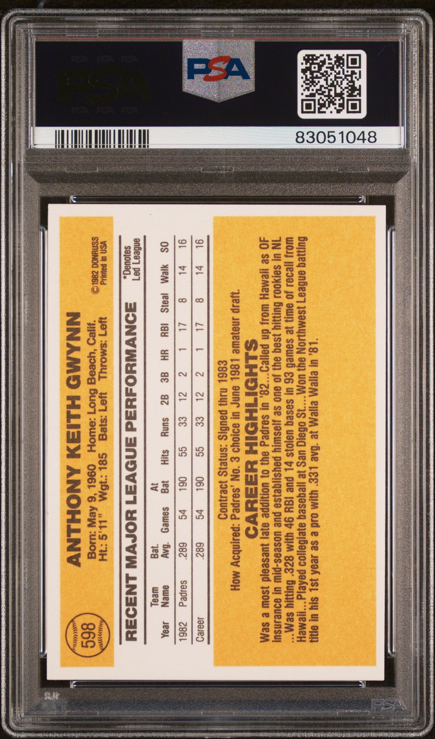 1983 Donruss #598 Tony Gwynn RC Rookie PSA 10 GEM MINT New Label