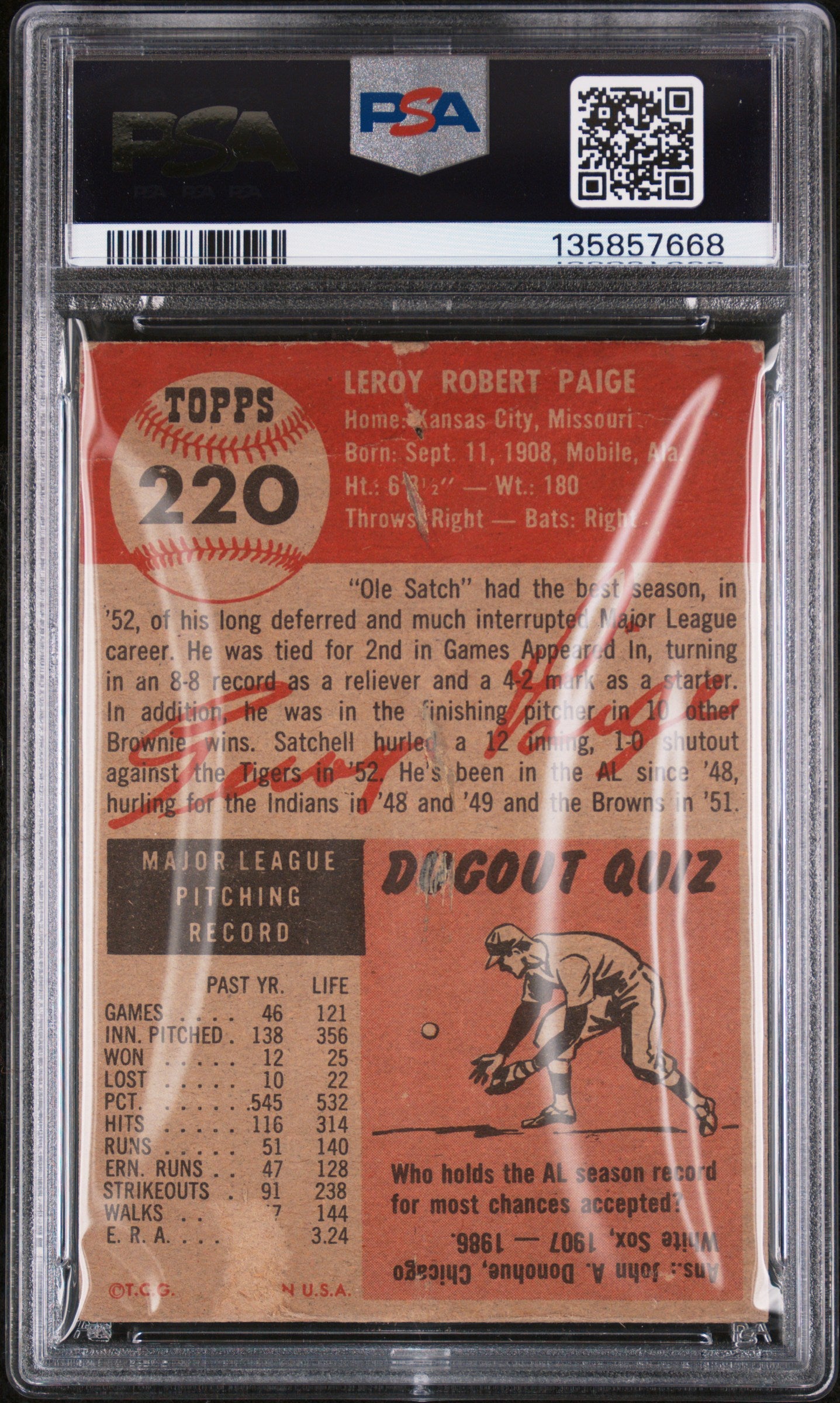 1953 Topps #220 Satchell Satchel Paige PSA 1 STUNNING EYE APPEAL New Label
