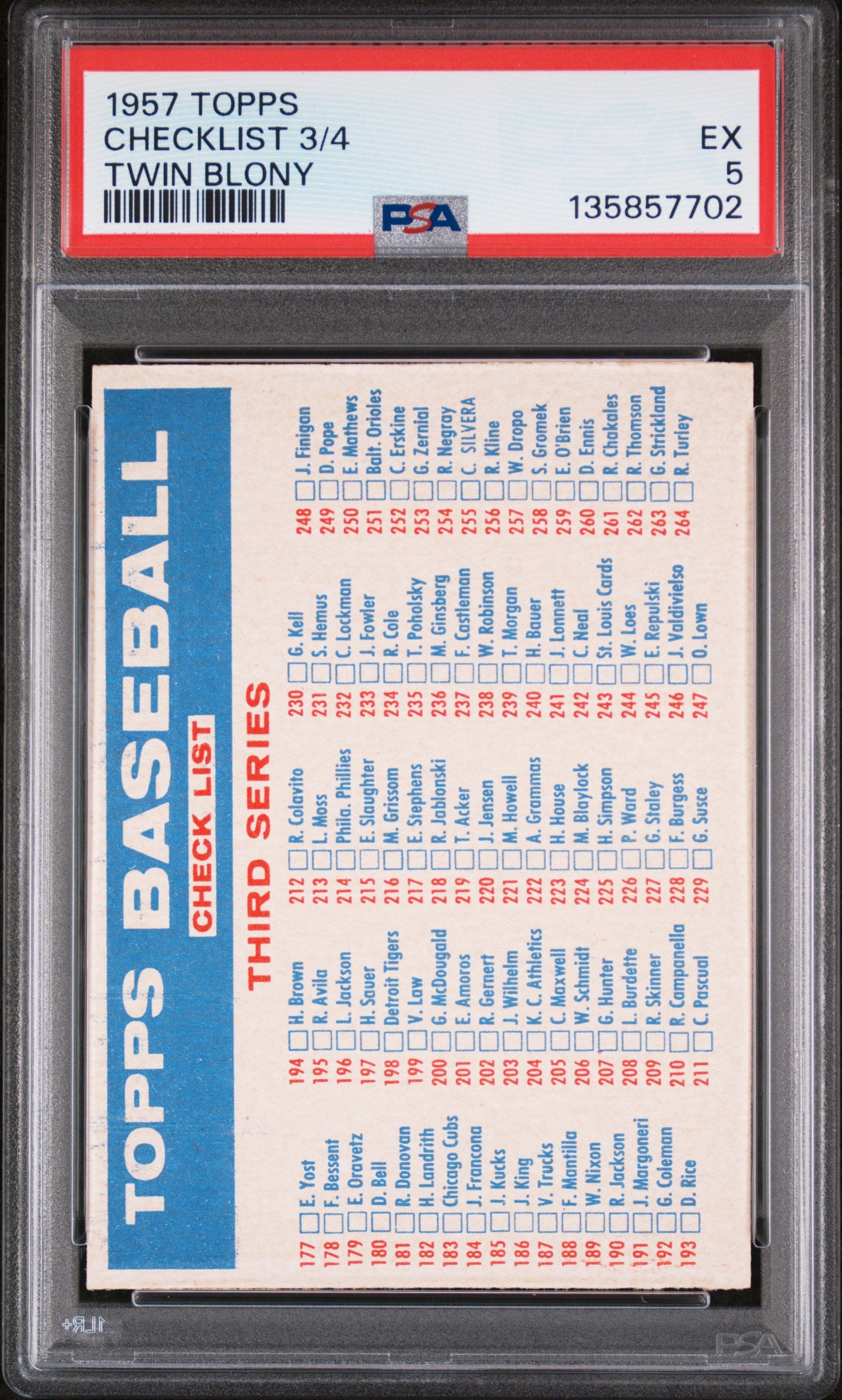 1957 Topps Checklist 3/4 Twin Blony PSA 5 EX New Label