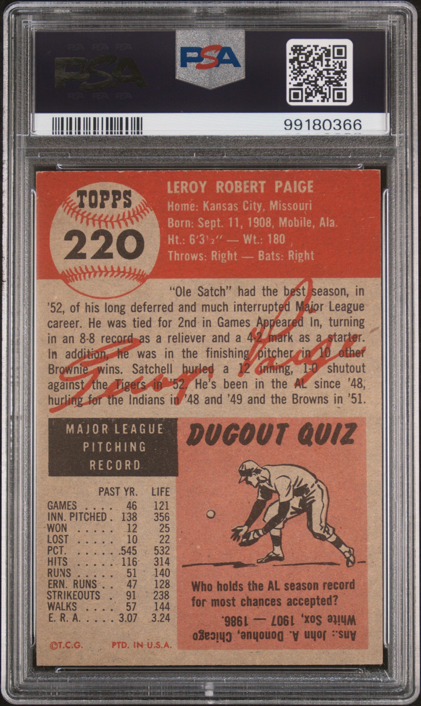 1953 Topps #220 Satchell Satchel Paige PSA 7 NM Near Mint High Grade New Label