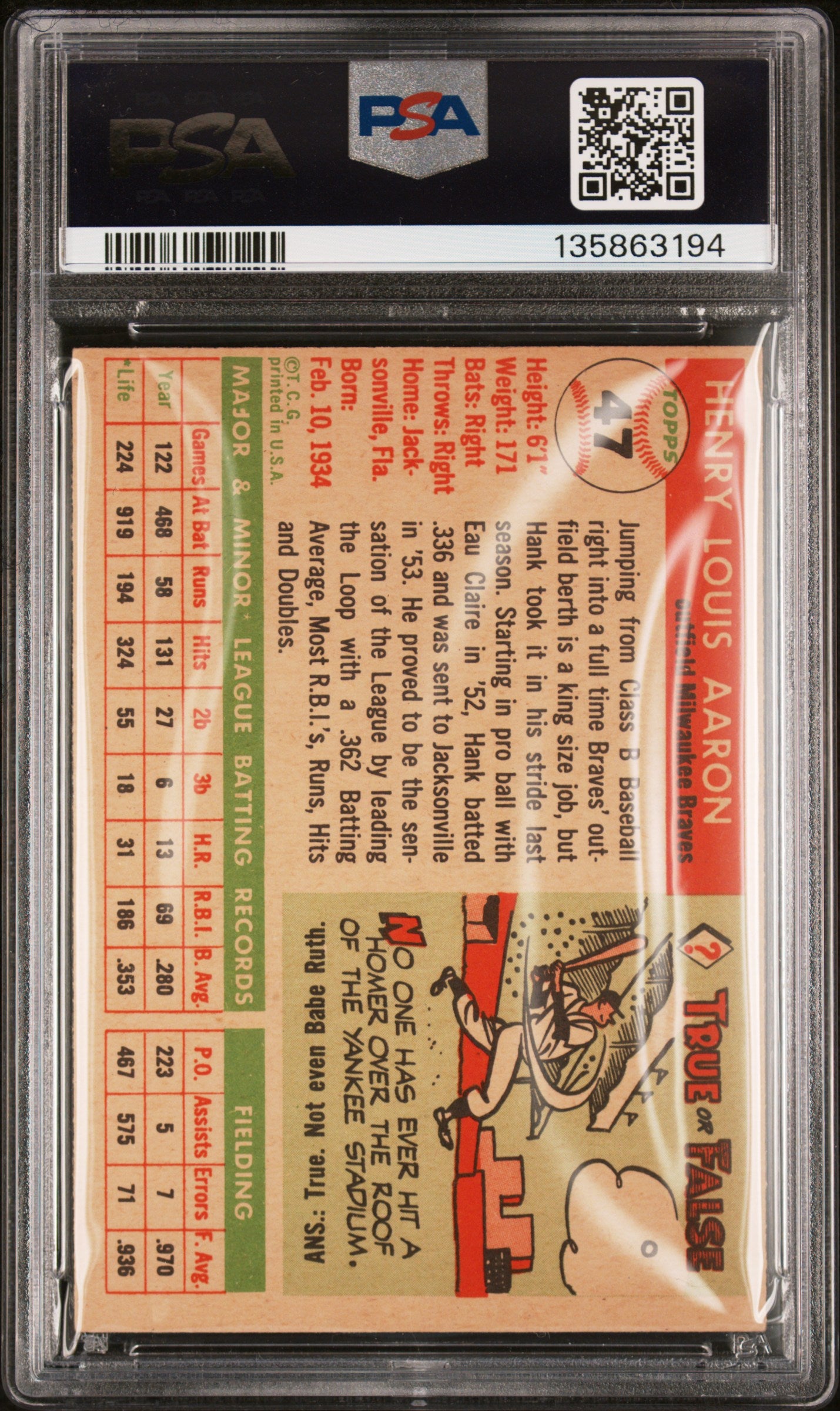 1955 Topps #47 Hank Aaron PSA 5 EX Nice Eye Appeal New Label