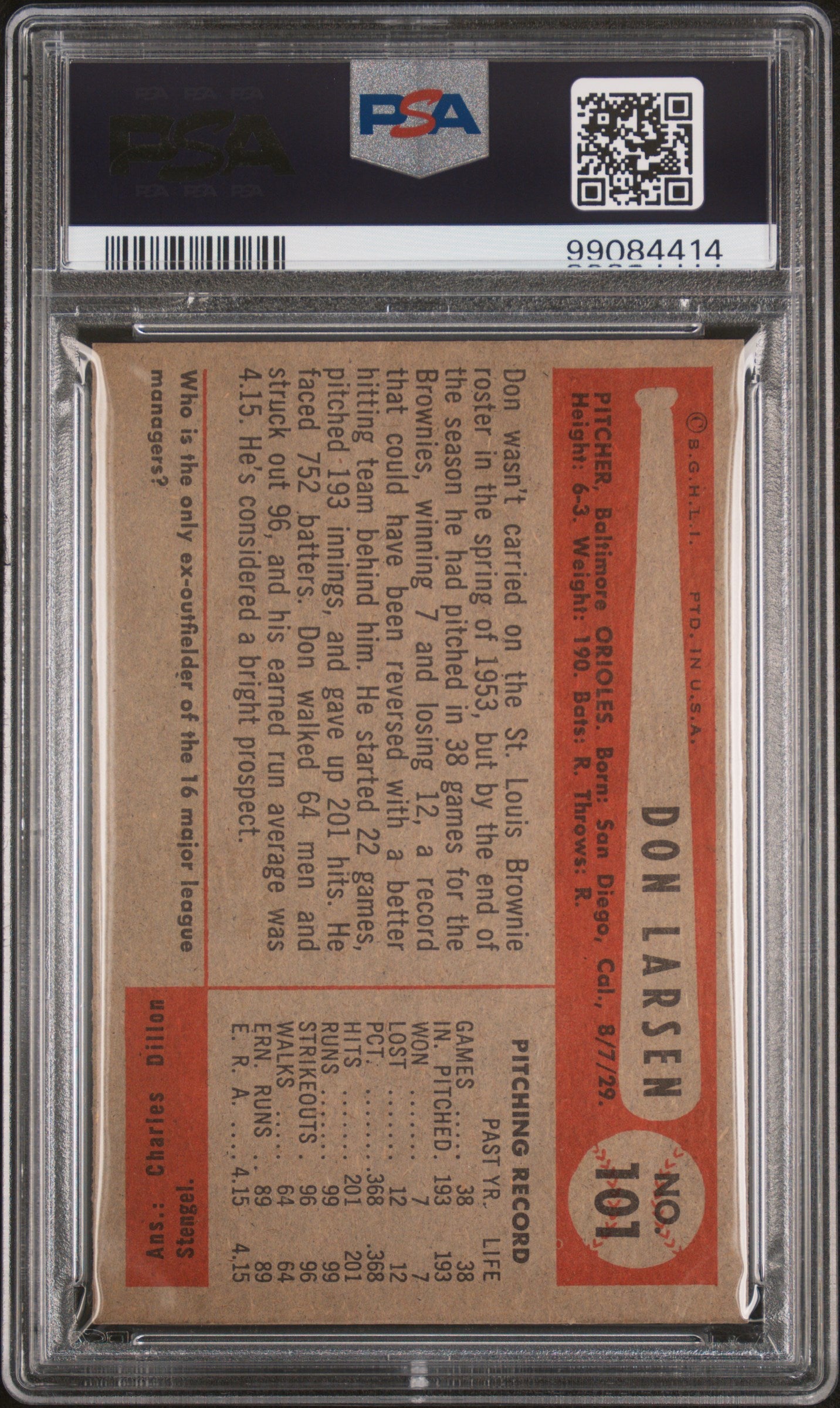 1954 Bowman #101 Don Larsen RC Rookie PSA 9 MINT New Label NONE HIGHER