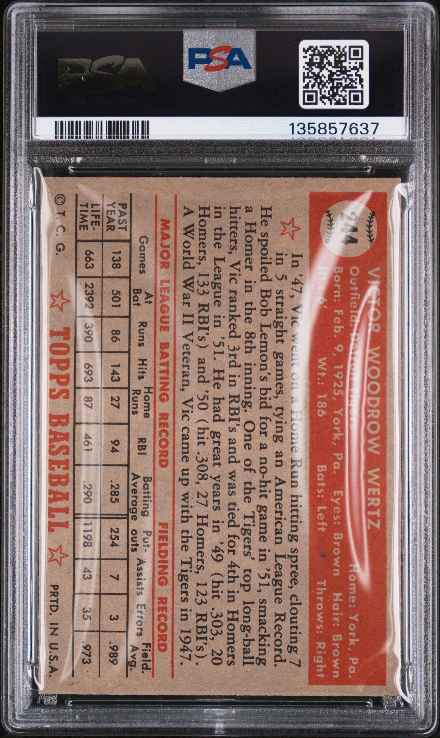 1952 Topps #244 Vic Wertz PSA 8 NM-MT High Grade New Label