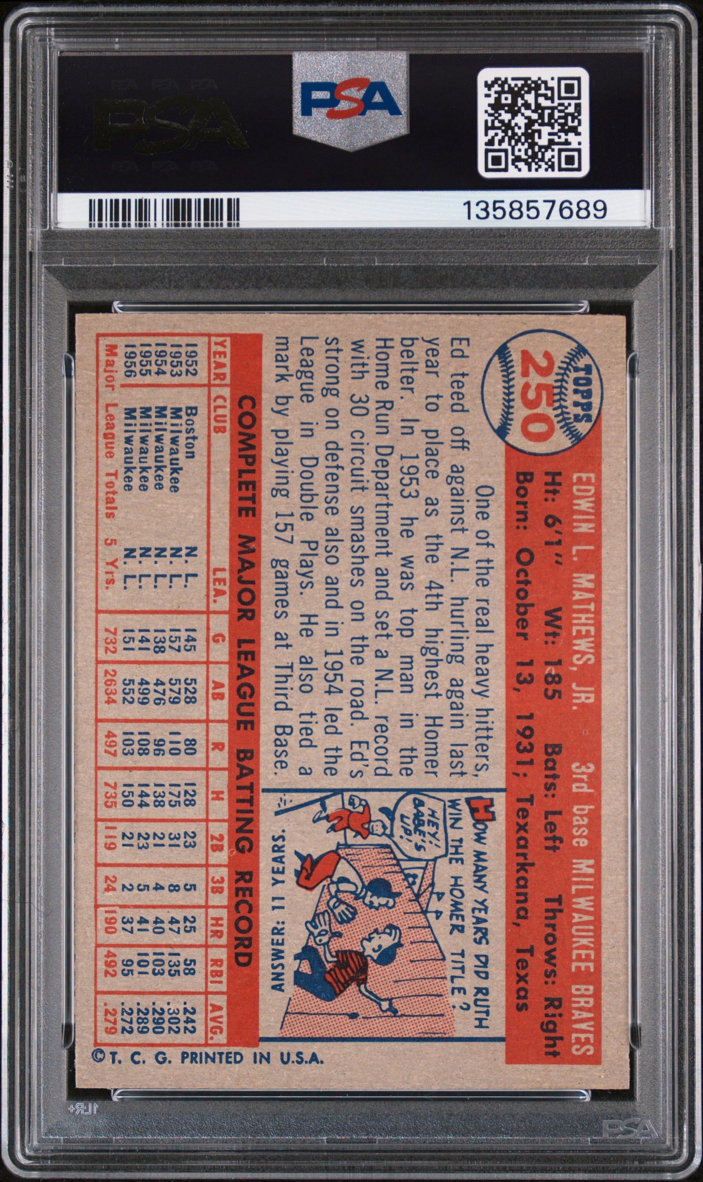 1957 Topps #250 Eddie Ed Mathews PSA 8 NM-MT High Grade New Label