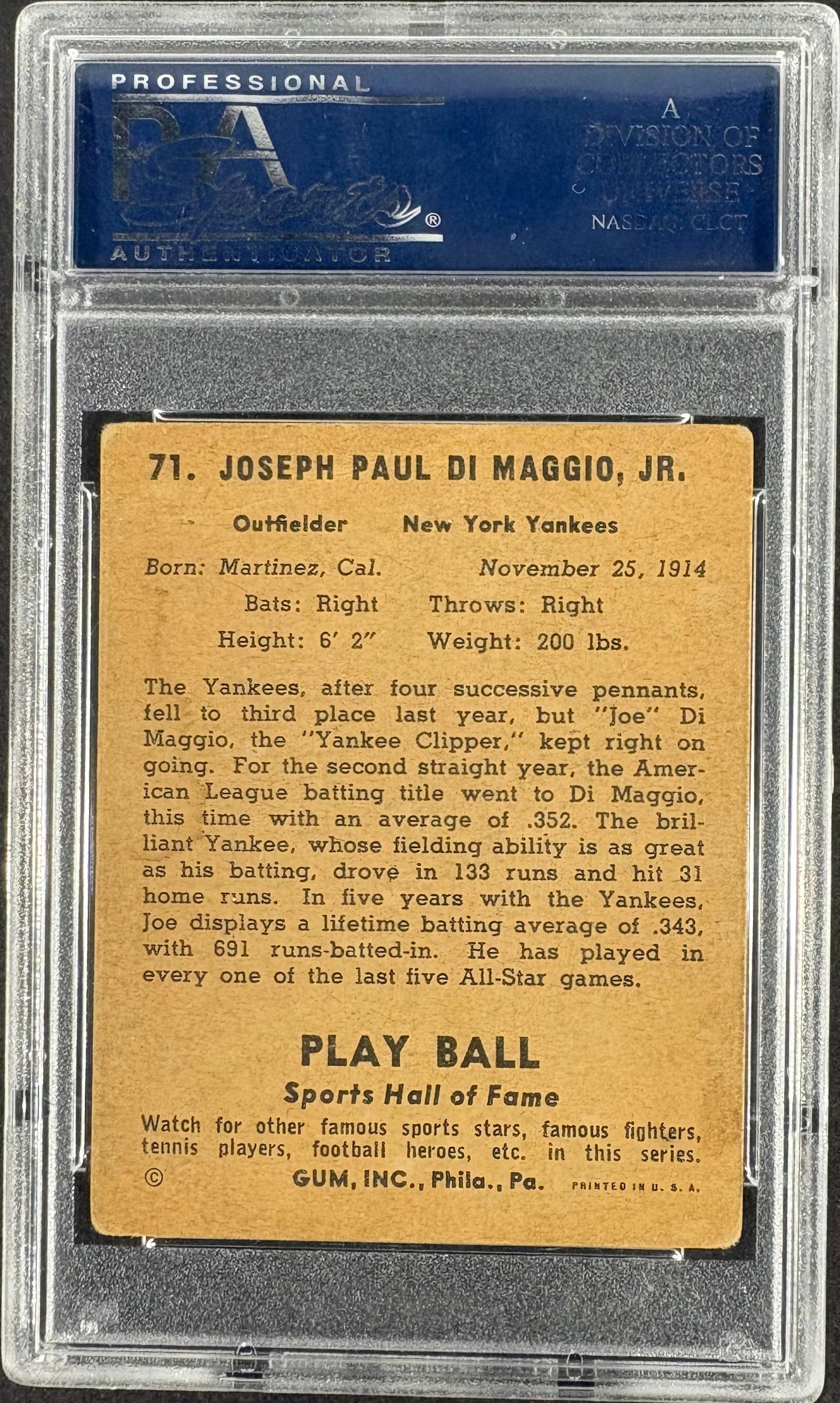 1941 Play Ball #71 Joe DiMaggio PSA 2.5 GD+
