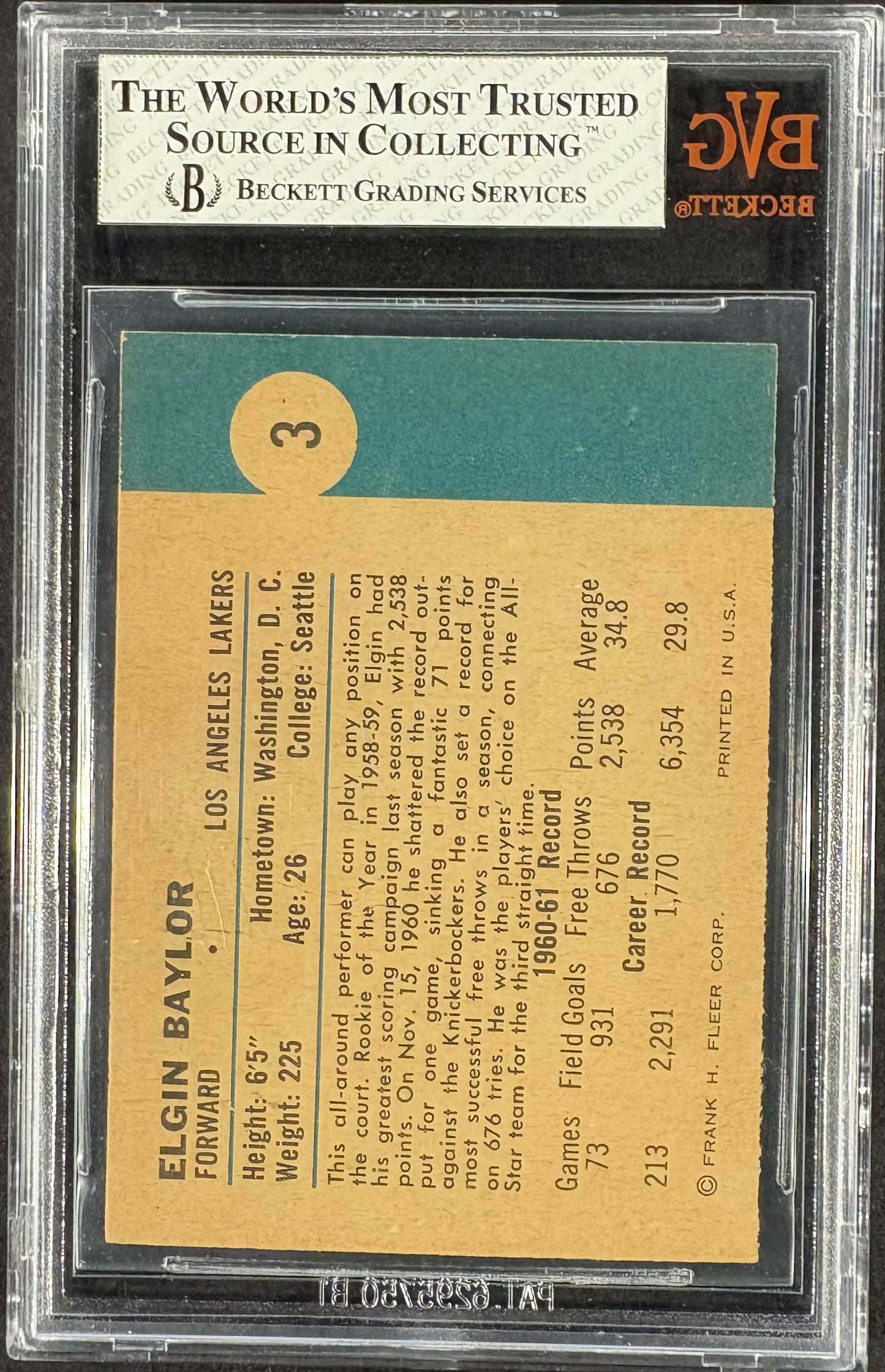 1961-62 Fleer #3 Elgin Baylor RC Rookie BVG 5.5 EX+
