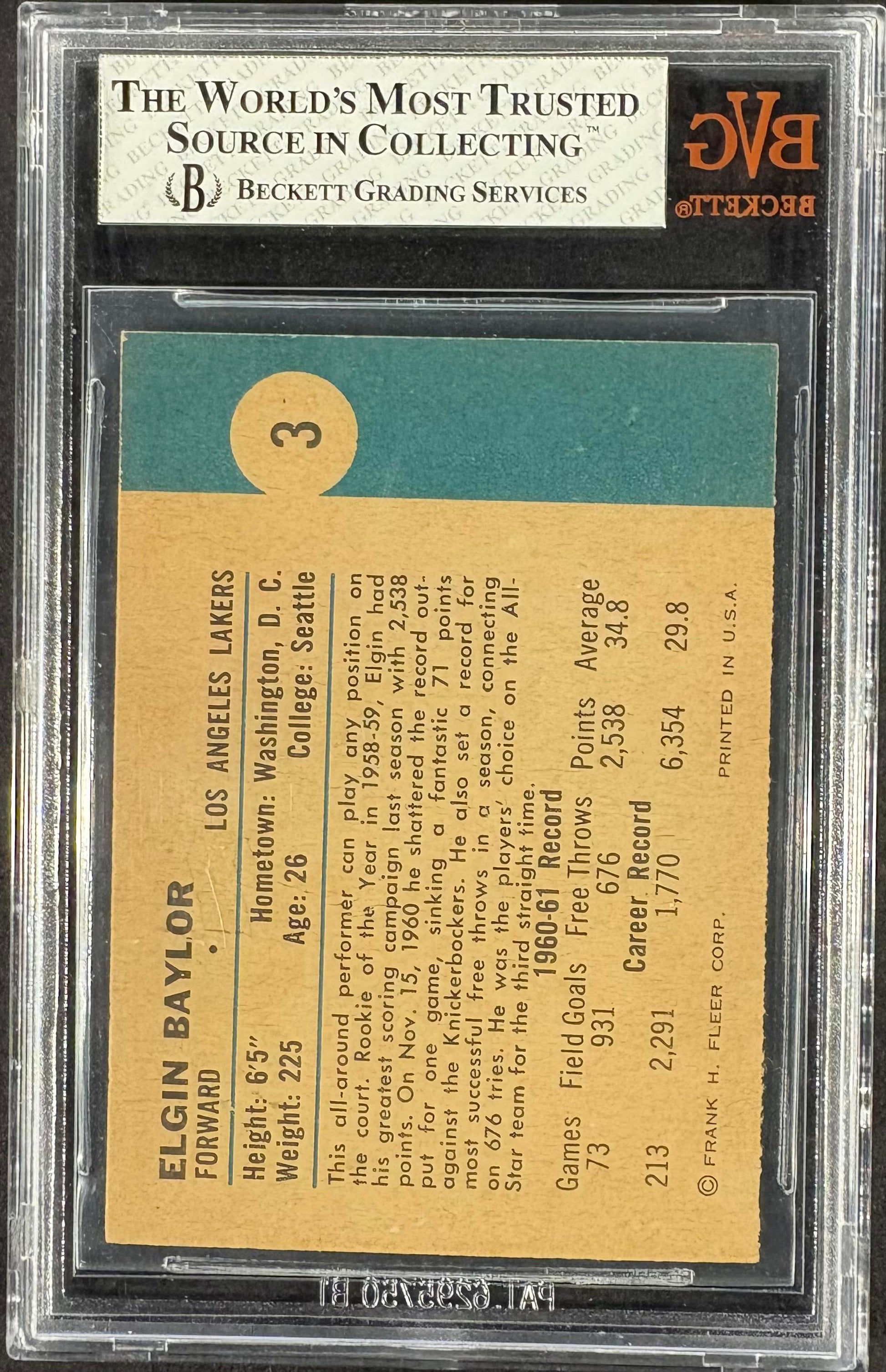 1961-62 Fleer #3 Elgin Baylor RC Rookie BVG 5.5 EX+