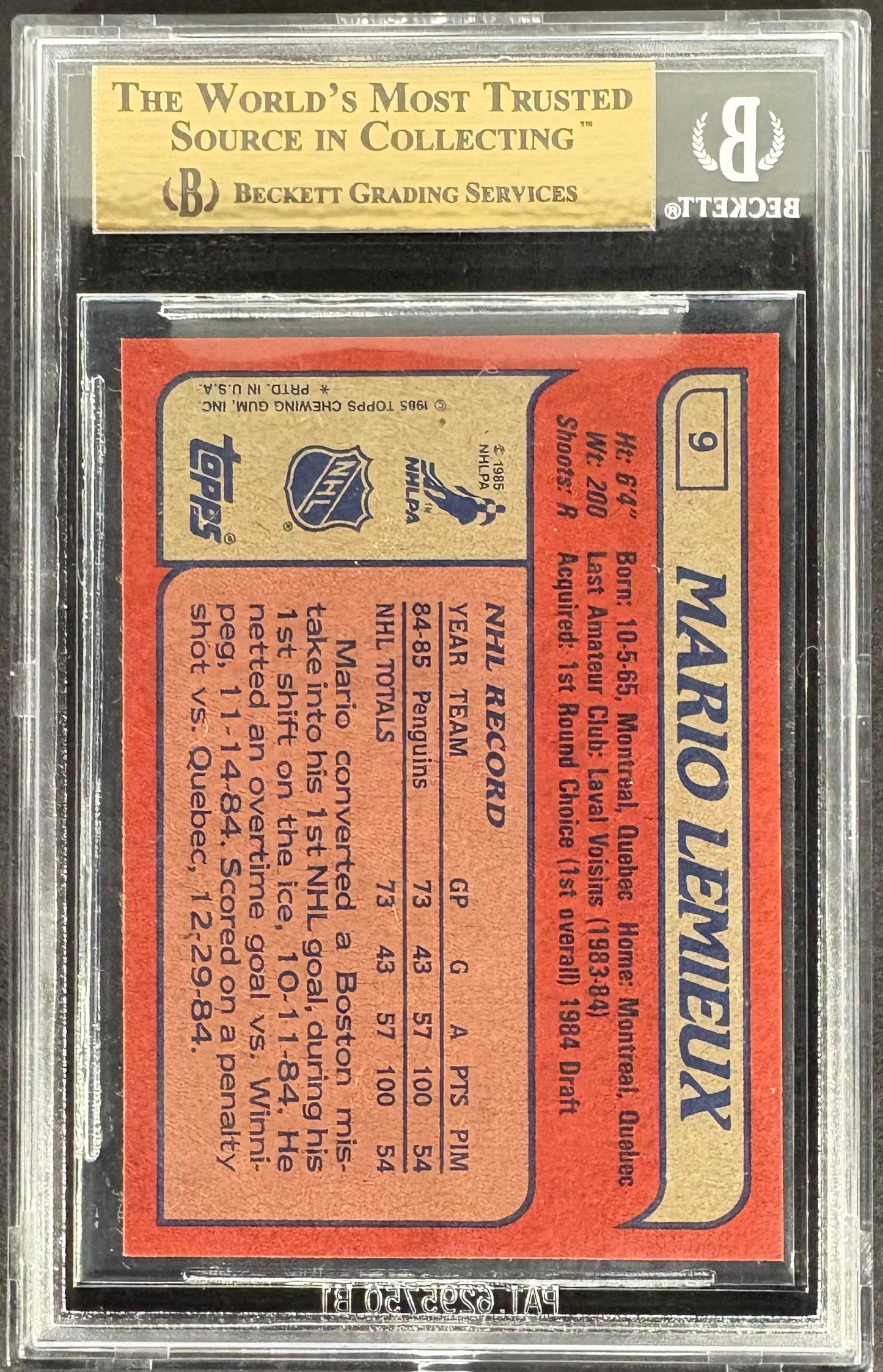 1985-86 Topps #9 Mario Lemieux RC Rookie BGS 9.5 GEM MINT