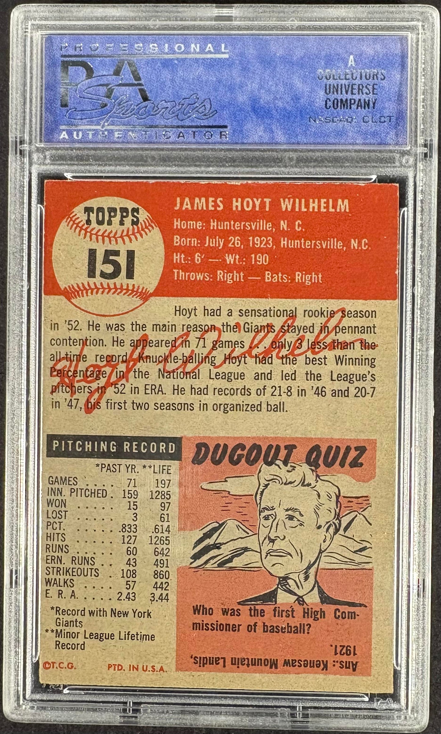 1953 Topps #151 Hoyt Wilhelm PSA 7 NM Near Mint