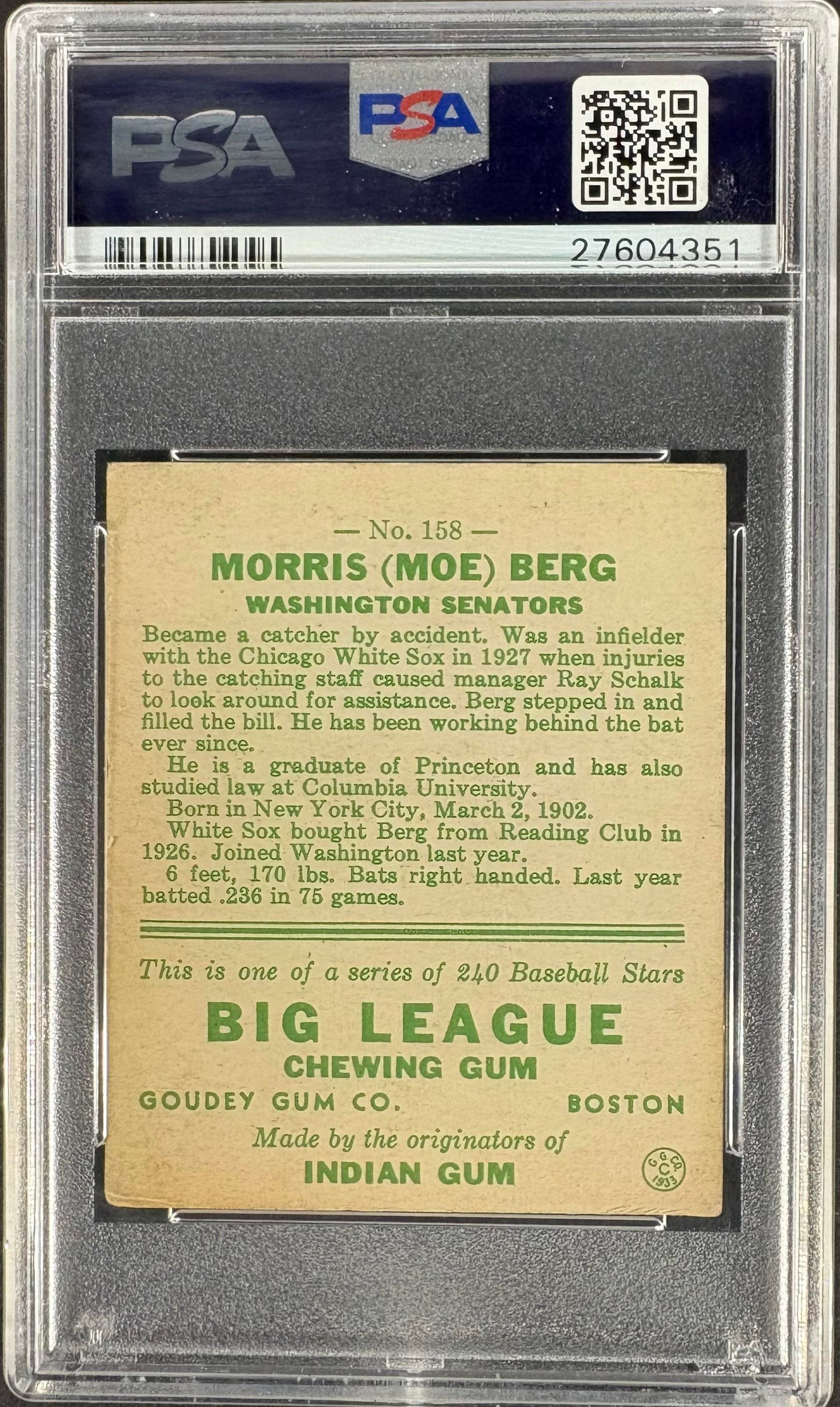 1933 Goudey (R319) #158 Morris Moe Berg PSA 5 EX Nice Color New Label