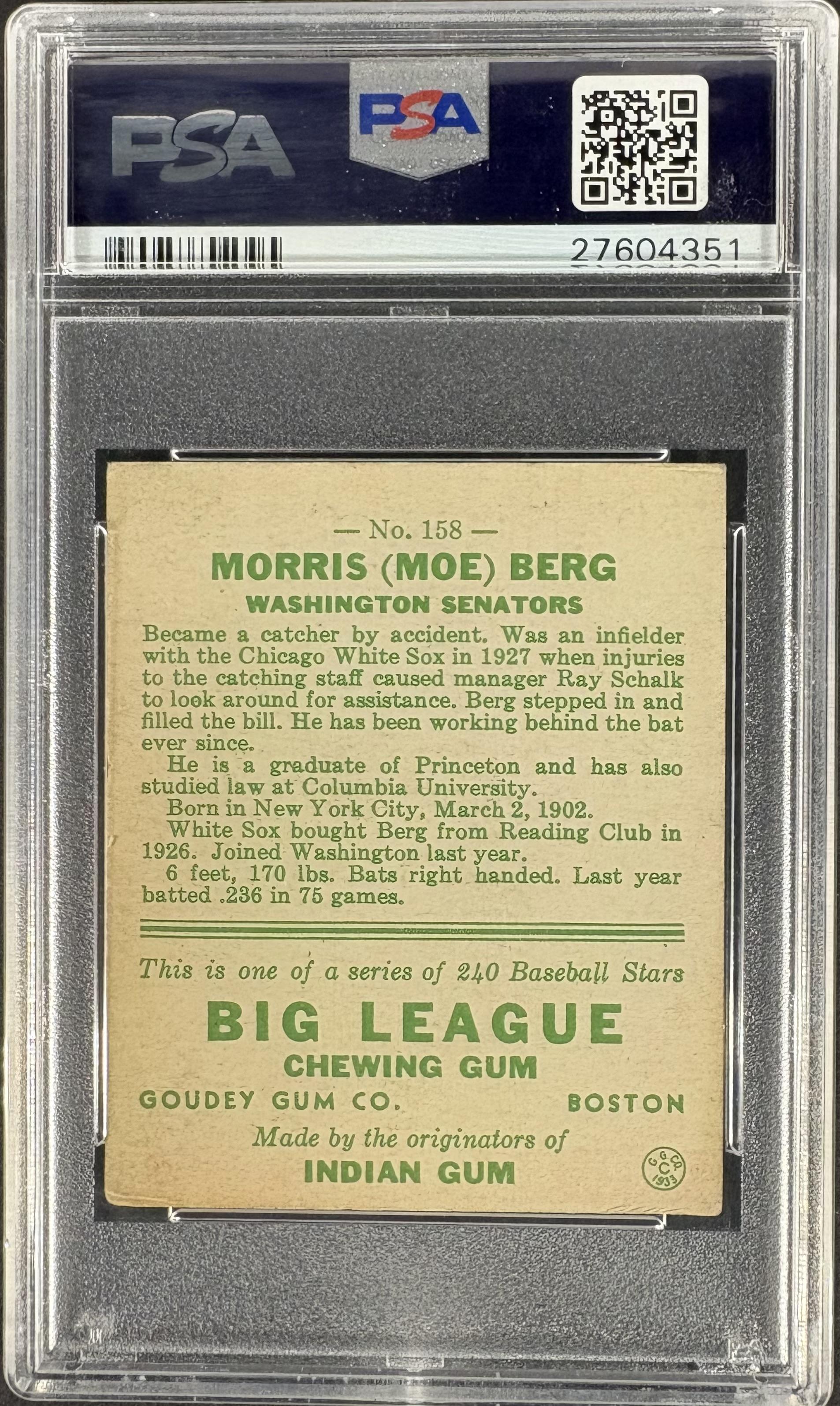 1933 Goudey (R319) #158 Morris Moe Berg PSA 5 EX Nice Color New Label