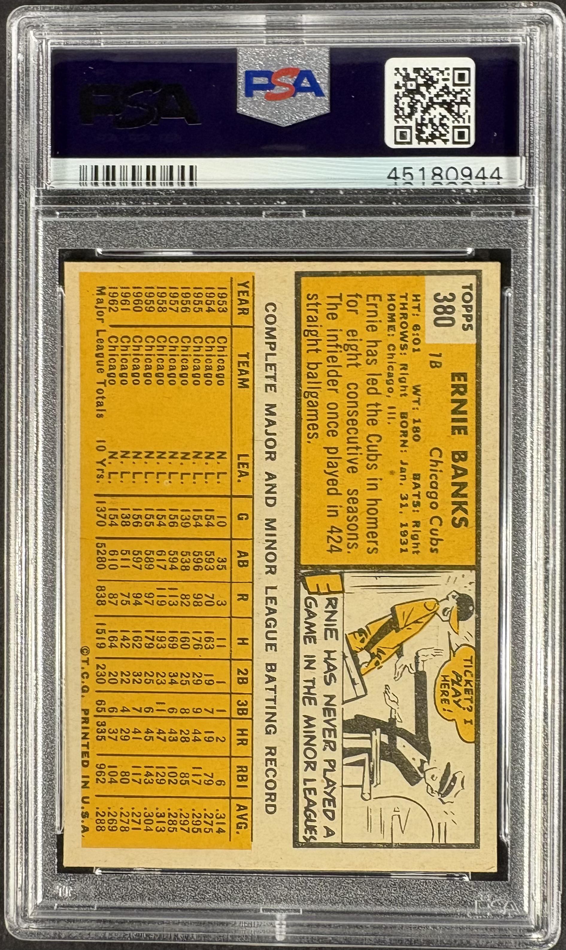 1963 Topps #380 Ernie Banks PSA 6 EX-MT Well Centered New Label