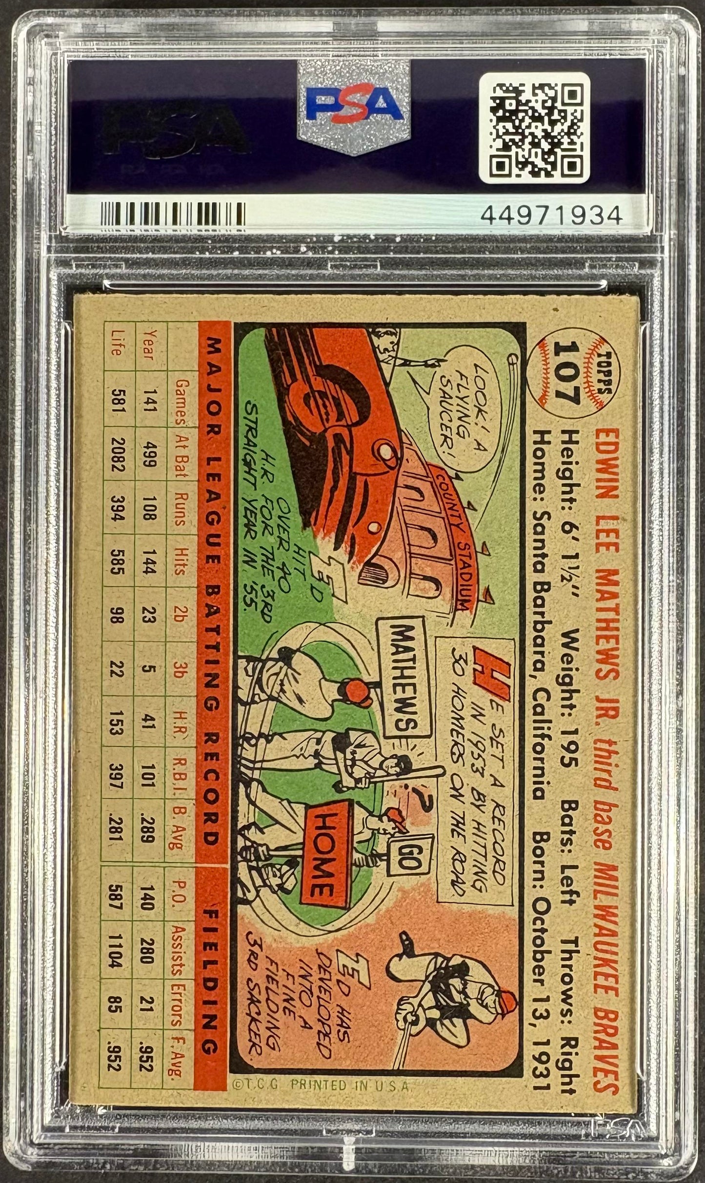 1956 Topps #107 Eddie Mathews Gray Back PSA 5 EX New Label