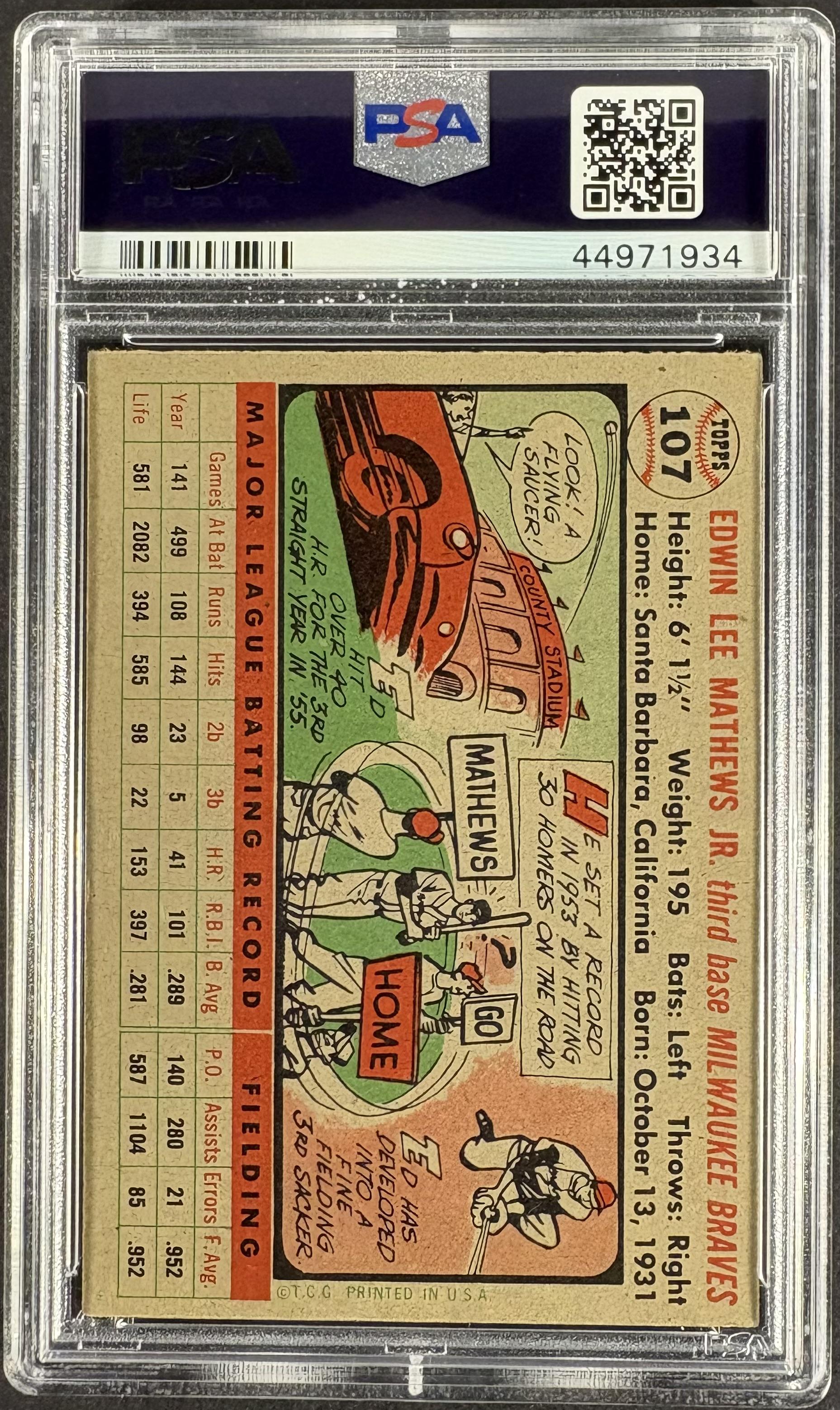 1956 Topps #107 Eddie Mathews Gray Back PSA 5 EX New Label