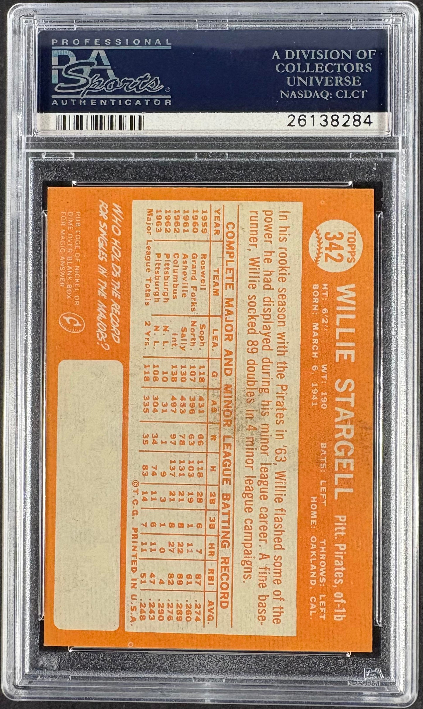 1964 Topps #342 Willie Stargell PSA 8 NM-MT High Grade Well Centered