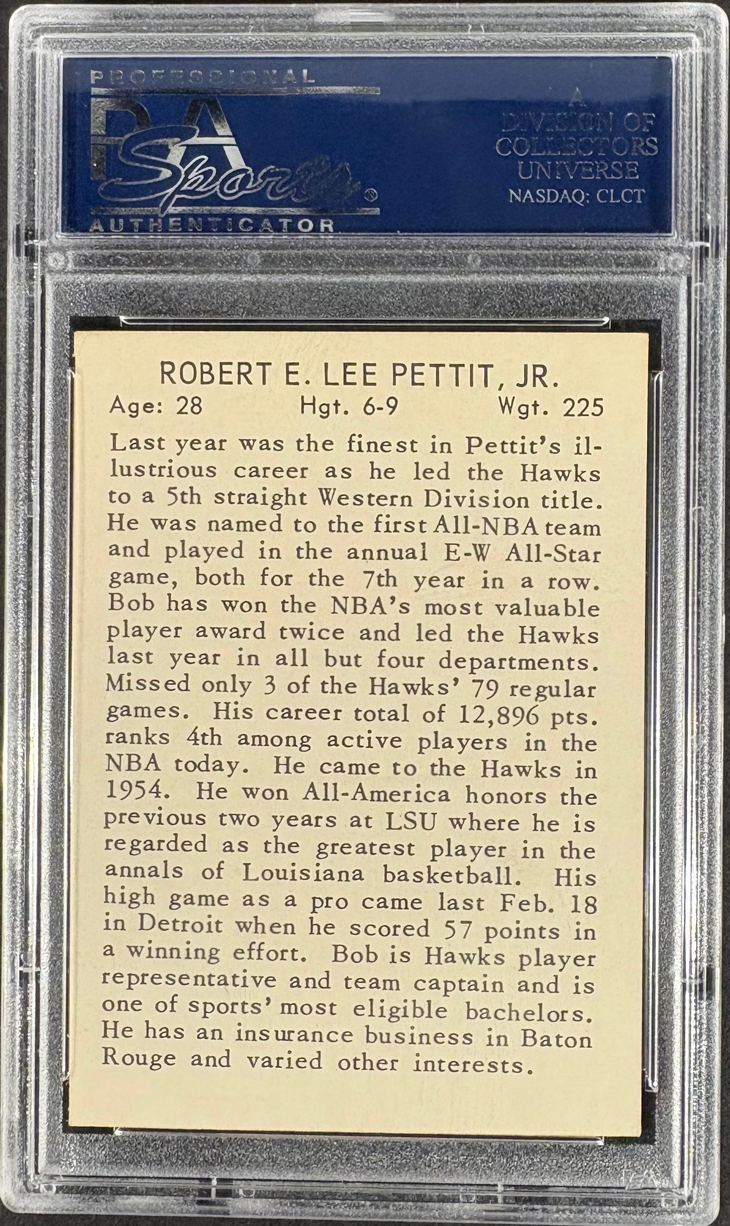 1961 Essex Meats St. Louis Hawks Robert E Lee Bob Pettit PSA 7 NM Near Mint