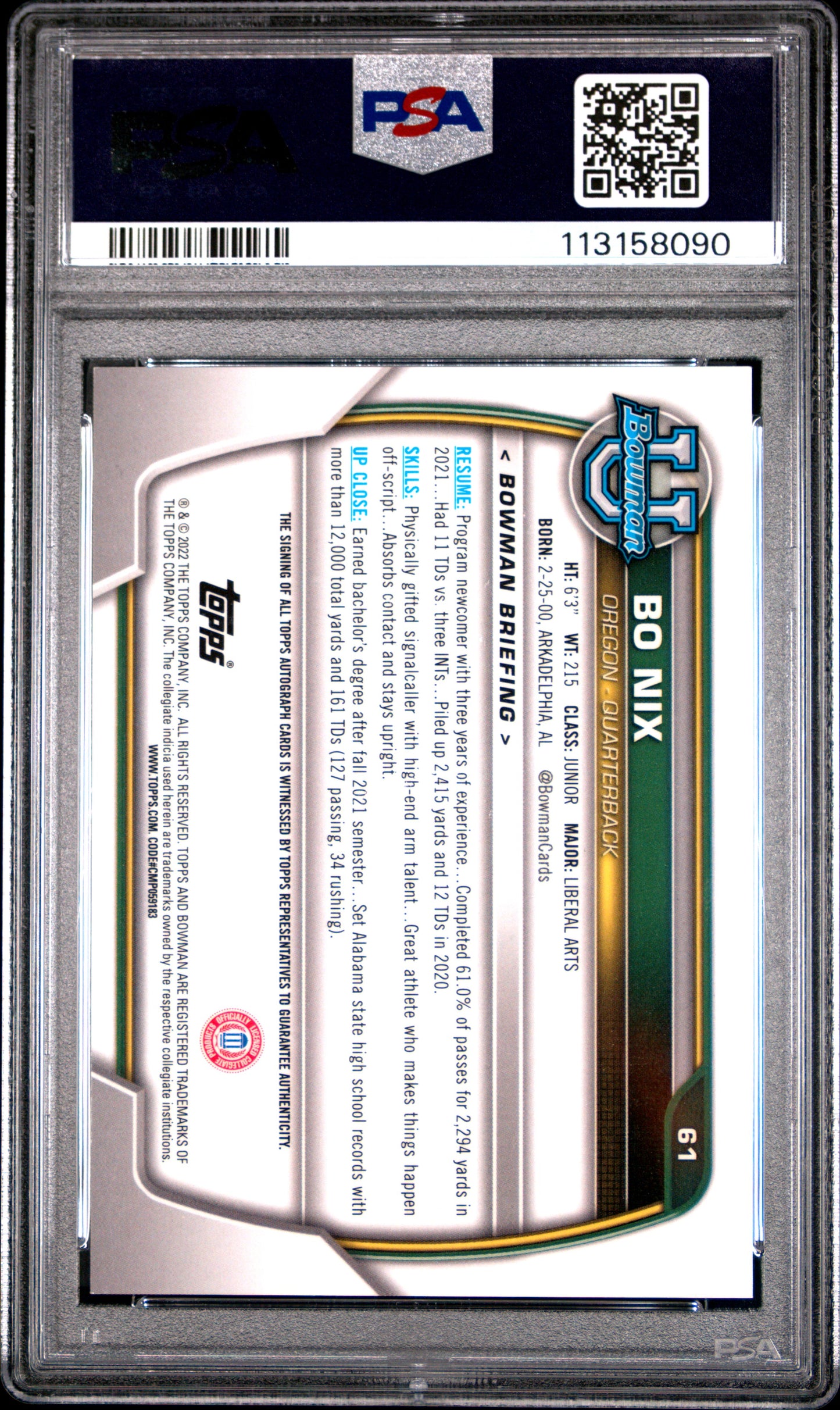 2022 Bowman University Chrome Prospects #61 Bo Nix Auto PSA 9 MINT