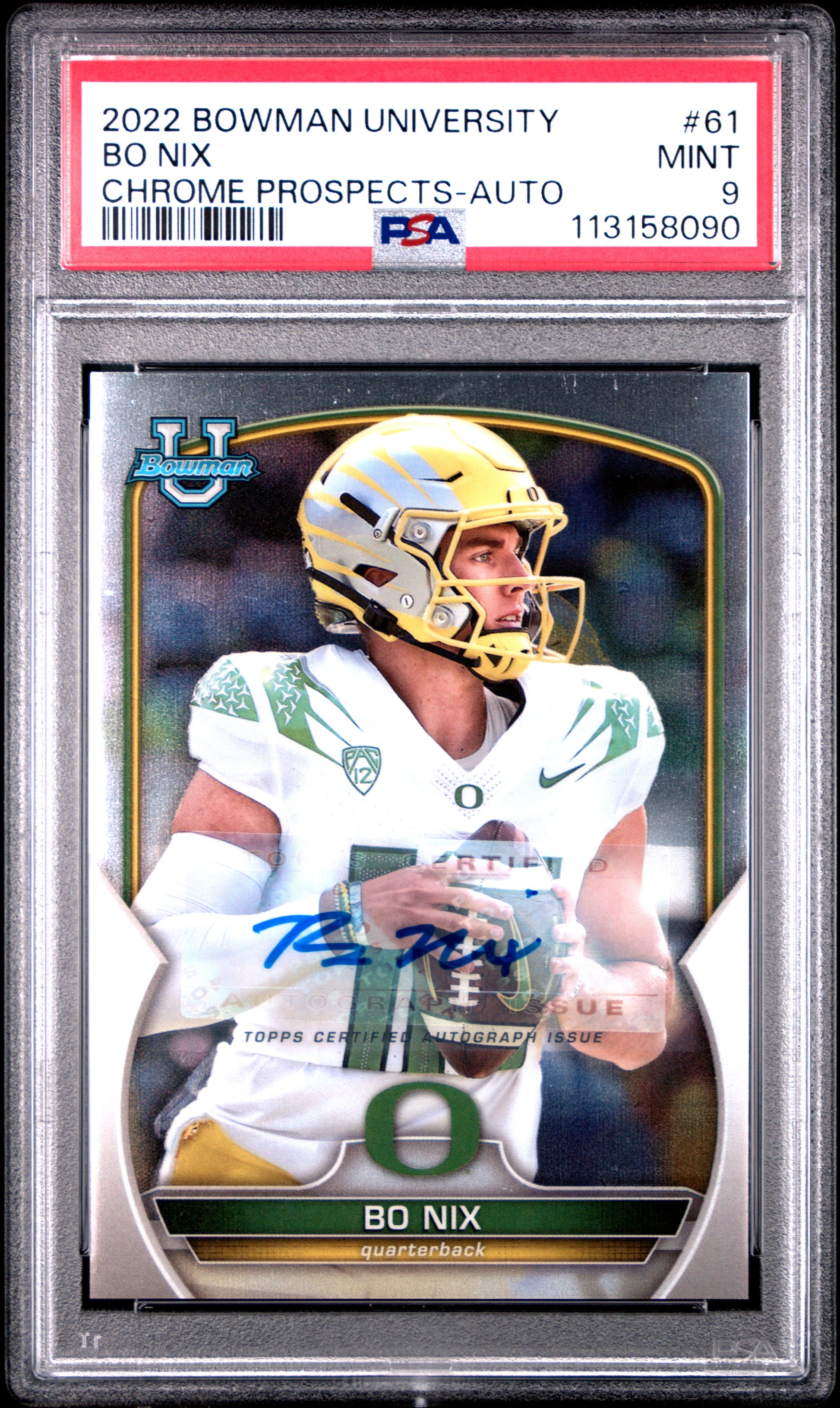 2022 Bowman University Chrome Prospects #61 Bo Nix Auto PSA 9 MINT