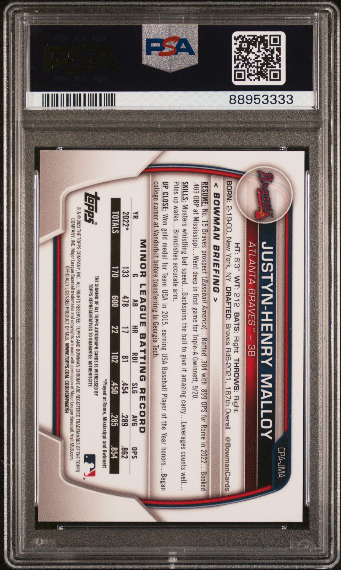 2023 Bowman Chrome Prospect #CPAJMA Justyn-Henry Malloy ORANGE AUTO PSA 10 /25