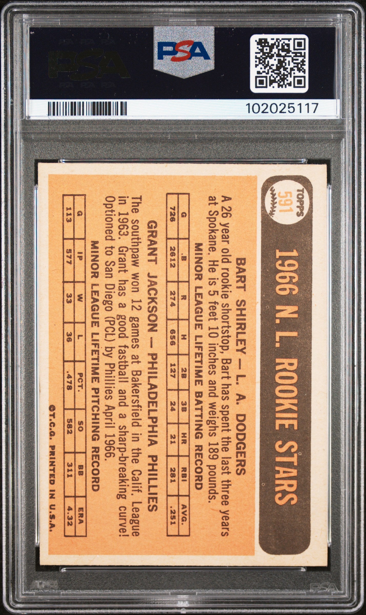 1966 Topps #591 N.L. Rookies Bart Shirley Grant Jackson PSA 6 New Label