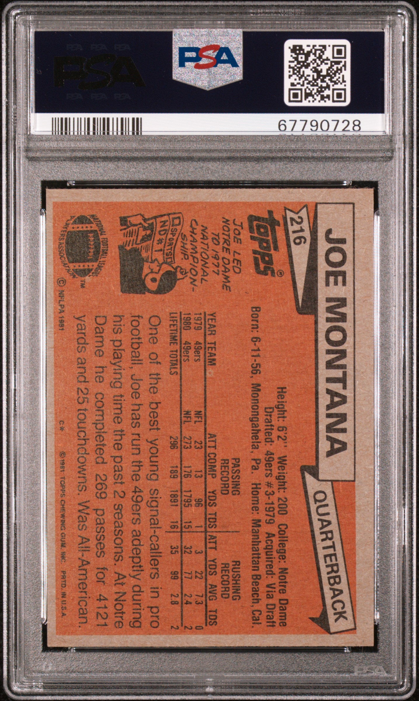 1981 Topps #216 Joe Montana RC Rookie PSA 7 NM Near Mint New Label