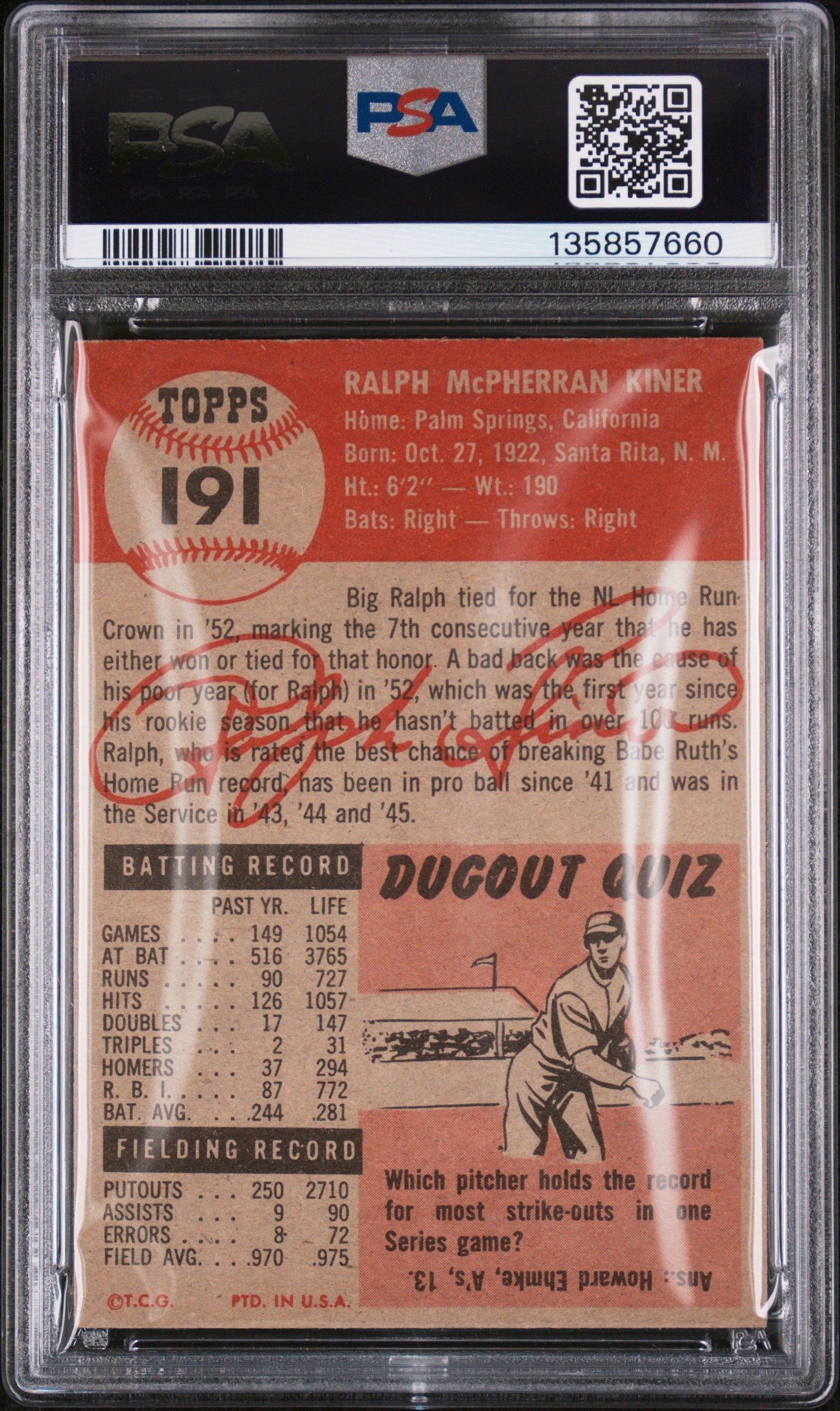 1953 Topps #191 Ralph Kiner PSA 4 VG-EX Well Centered New Label