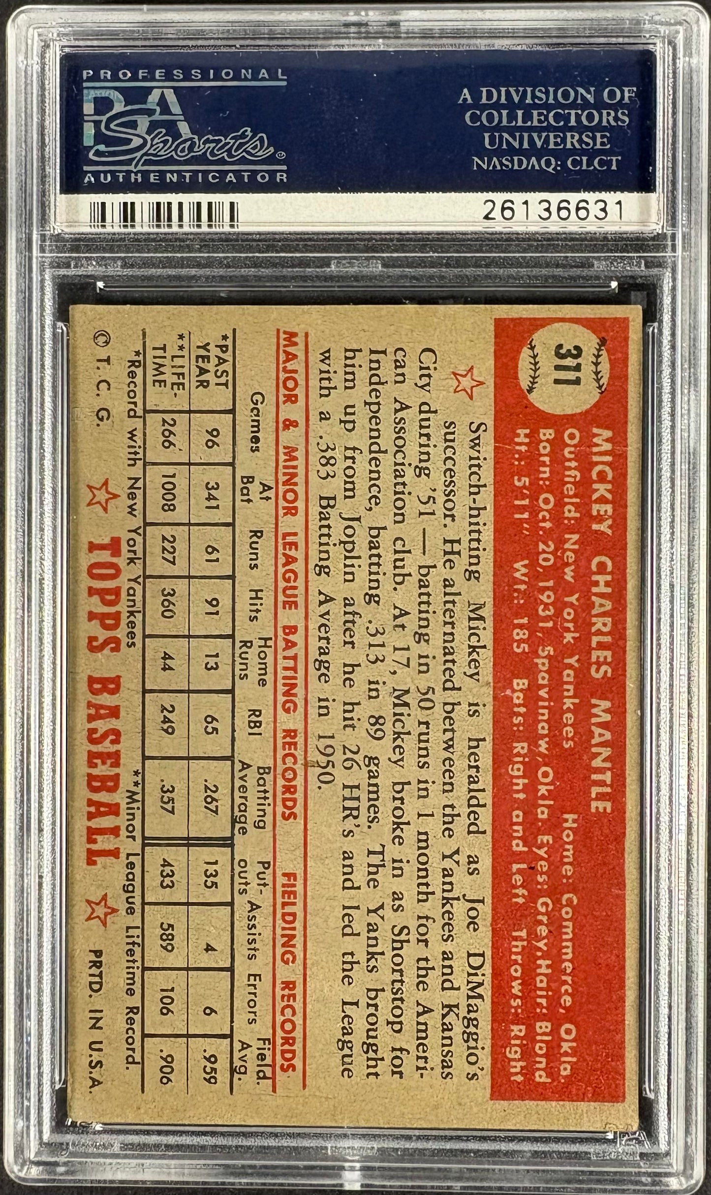 1952 Topps #311 Mickey Mantle PSA Authentic Altered INCREDIBLE EYE APPEAL