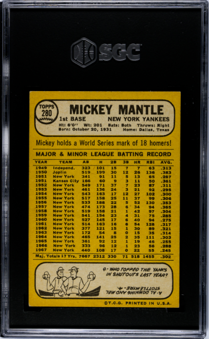 1968 Topps #280 Mickey Mantle SGC 5 EX