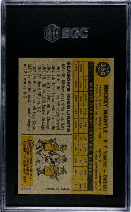 1960 Topps #350 Mickey Mantle SGC 6 EX-NM Nice Color + SHARP