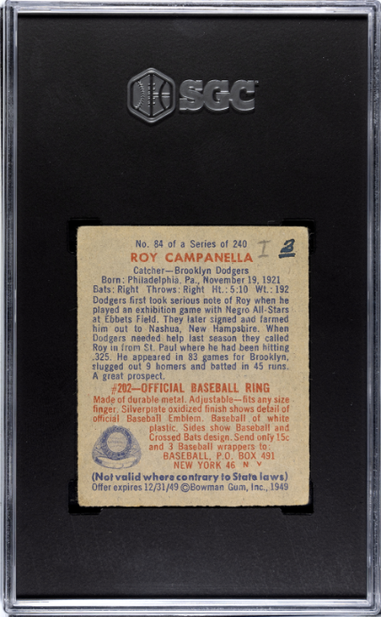 1949 Bowman #84 Roy Campanella RC Rookie SGC 1.5 Nice Eye Appeal