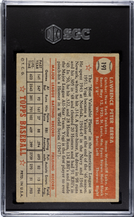 1952 Topps #191 Yogi Berra SGC 5 EX Well Centered