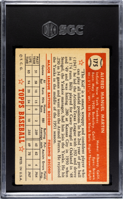 1952 Topps #175 Billy Martin RC Rookie SGC 5 EX