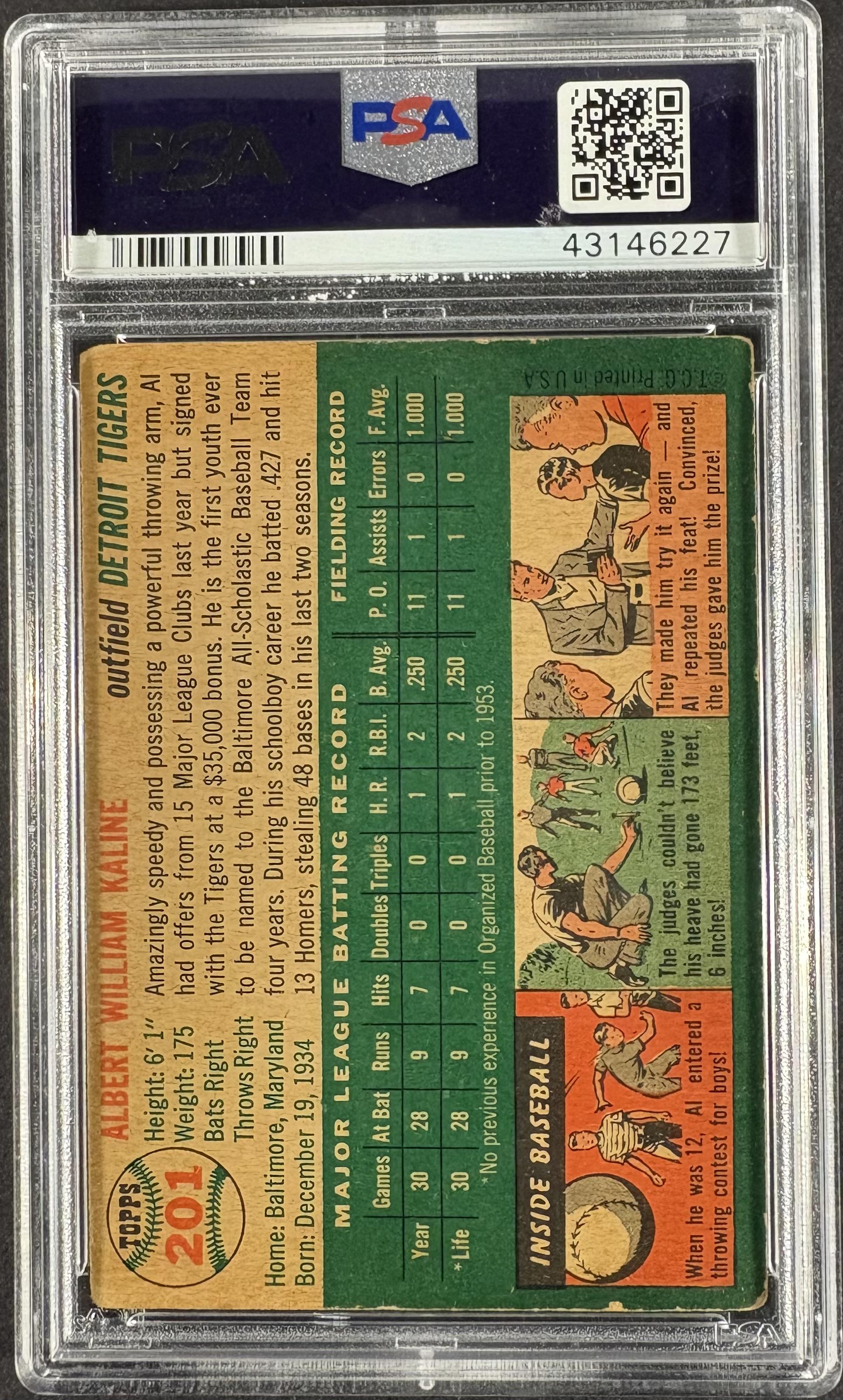 1954 Topps #201 Al Kaline RC Rookie PSA 3 VG Nice Color New Label