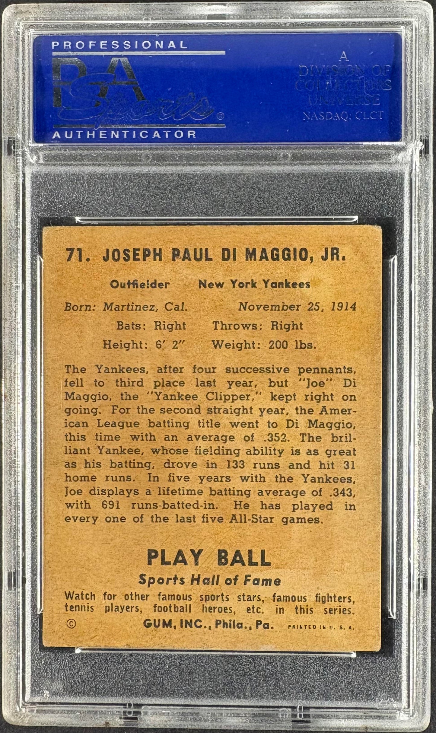 1941 Play Ball #71 Joe DiMaggio PSA 2 GD Nice Color