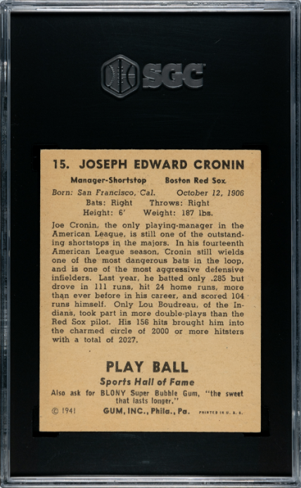 1941 Playball #15 Joe Cronin SGC 6 EX-NM SHARP + Nice Color