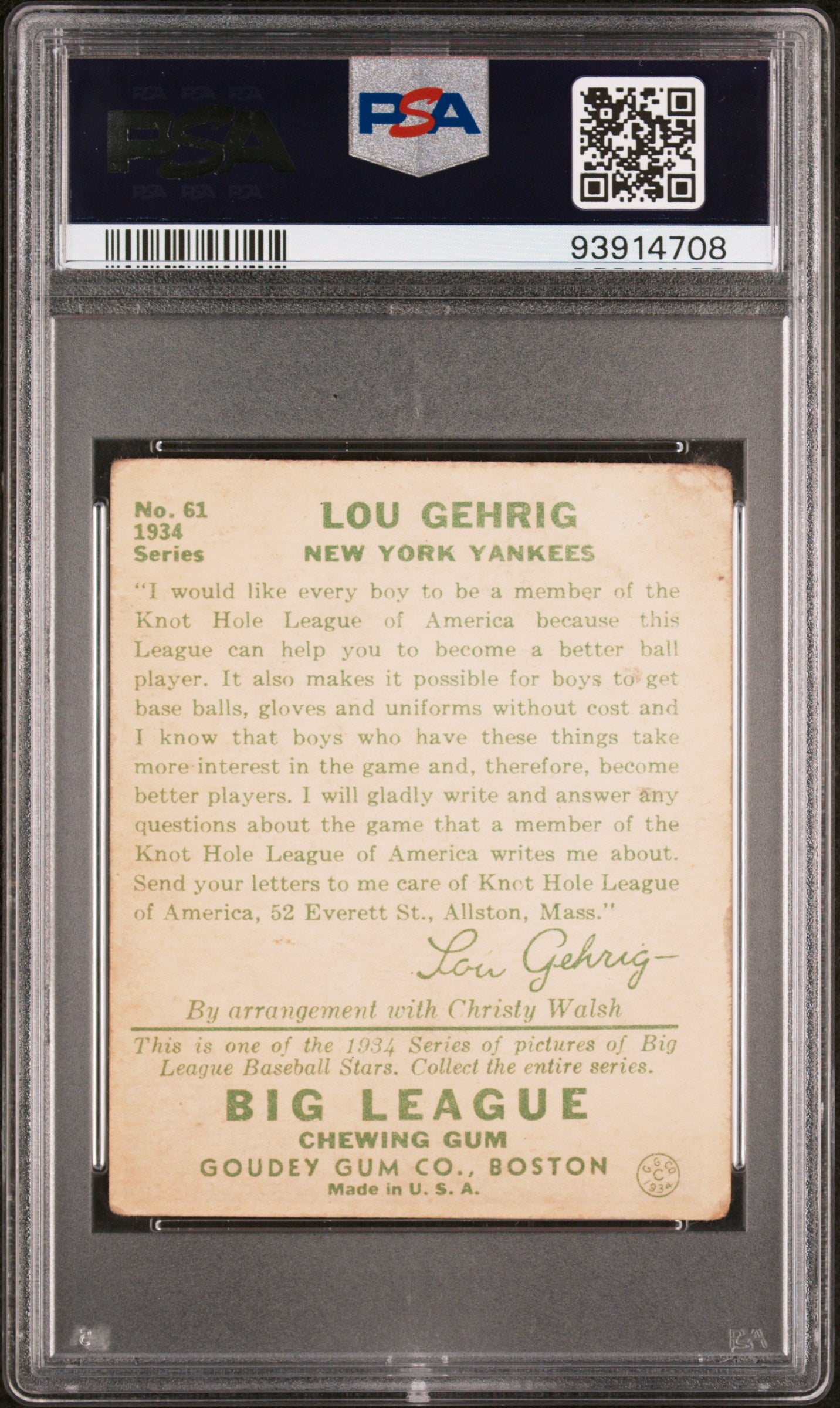 1934 Goudey #61 Lou Gehrig PSA 2.5 GD+ Nice Color New Label