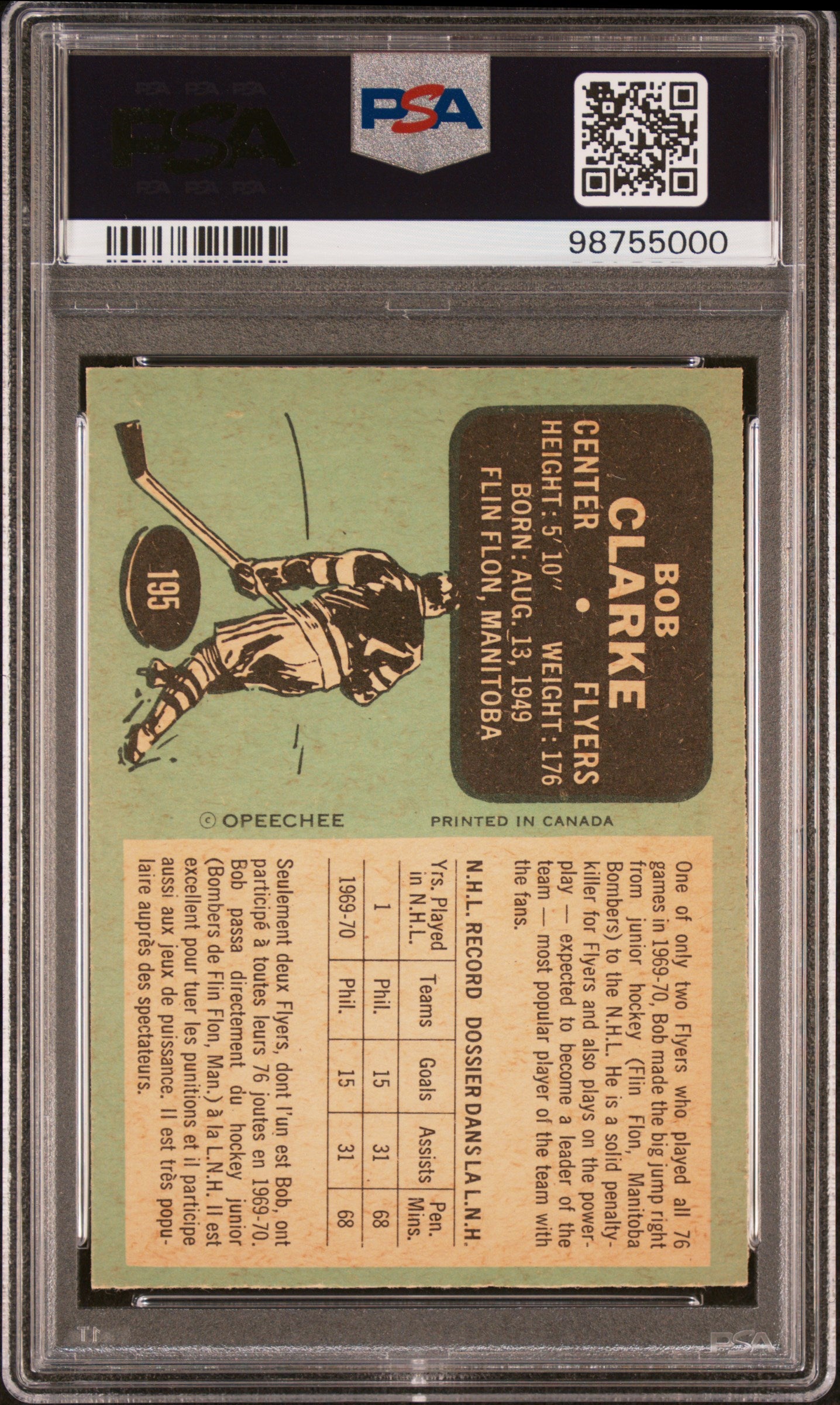 1970 O-Pee-Chee #195 Bob Clarke RC Rookie PSA 8 NM-MT High Grade New Label