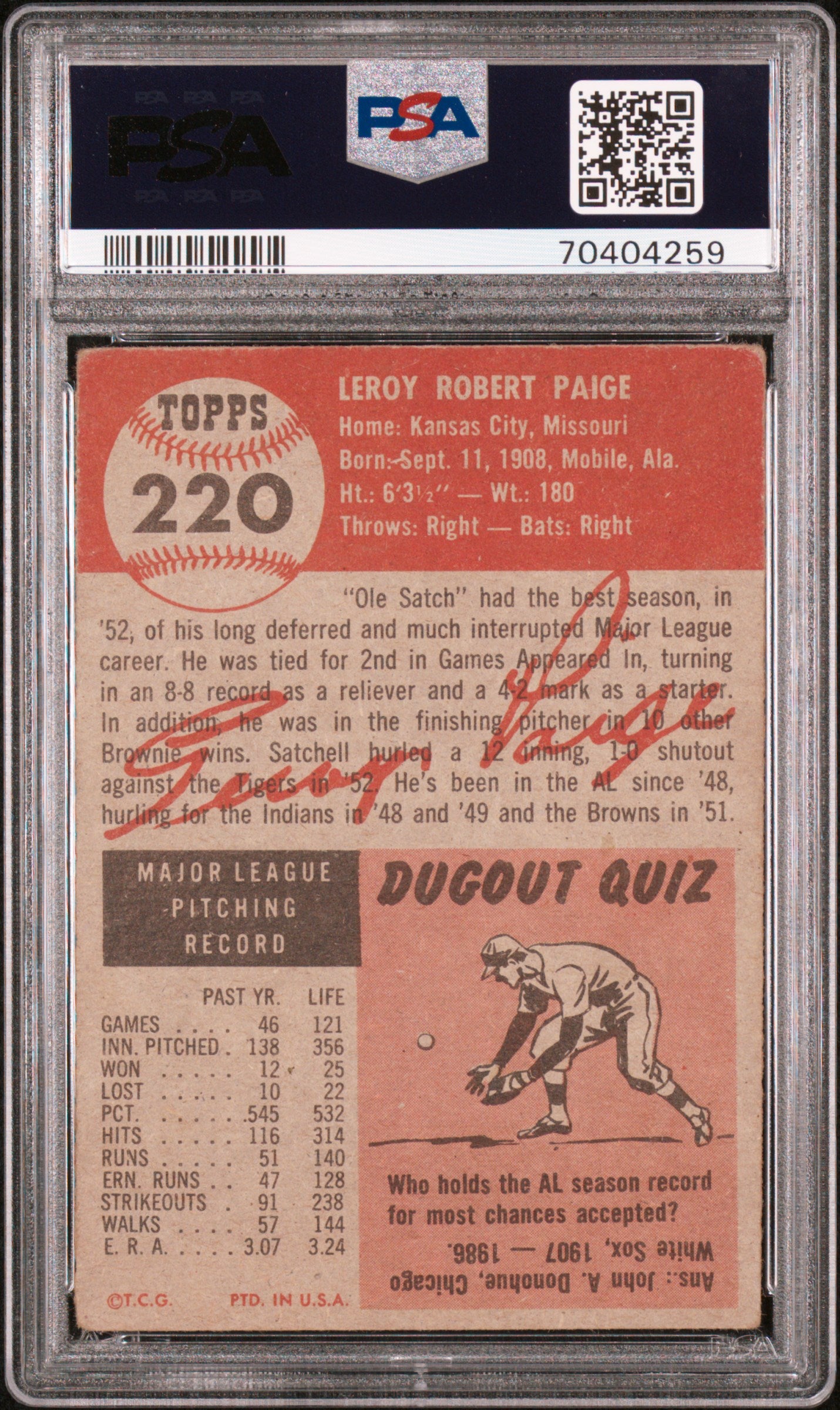 1953 Topps #220 Satchell Satchel Paige PSA 2.5 GD+ Nice Color New Label