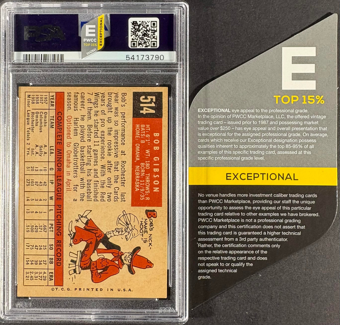 1959 Topps #514 Bob Gibson PSA 6 EX-MT PWCC-E TOP 15% STUNNING EYE APPEAL