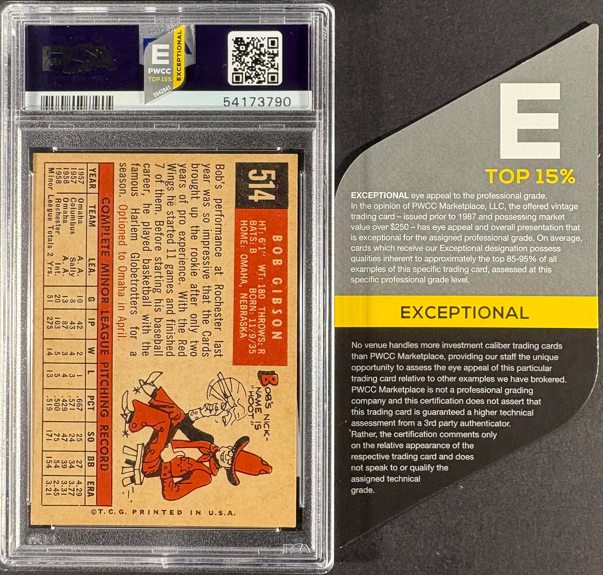 1959 Topps #514 Bob Gibson PSA 6 EX-MT PWCC-E TOP 15% STUNNING EYE APPEAL