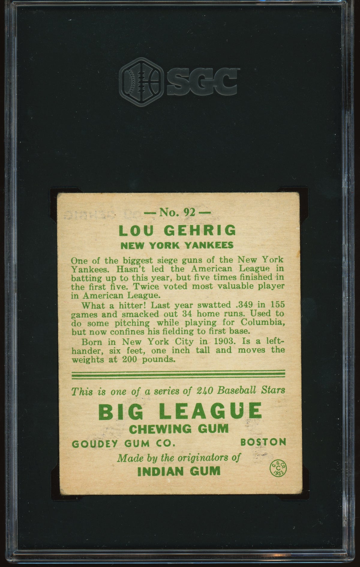 1933 Goudey #92 Lou Gehrig SGC 3 VG