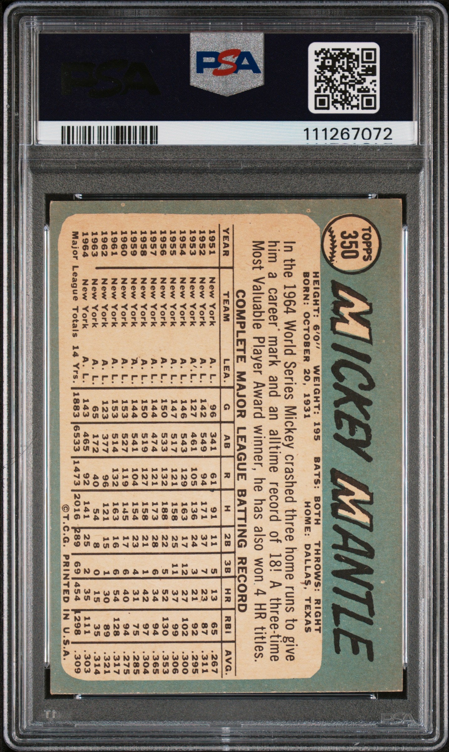 1965 Topps #350 Mickey Mantle PSA Authentic AUTO Autograph CREASE FREE