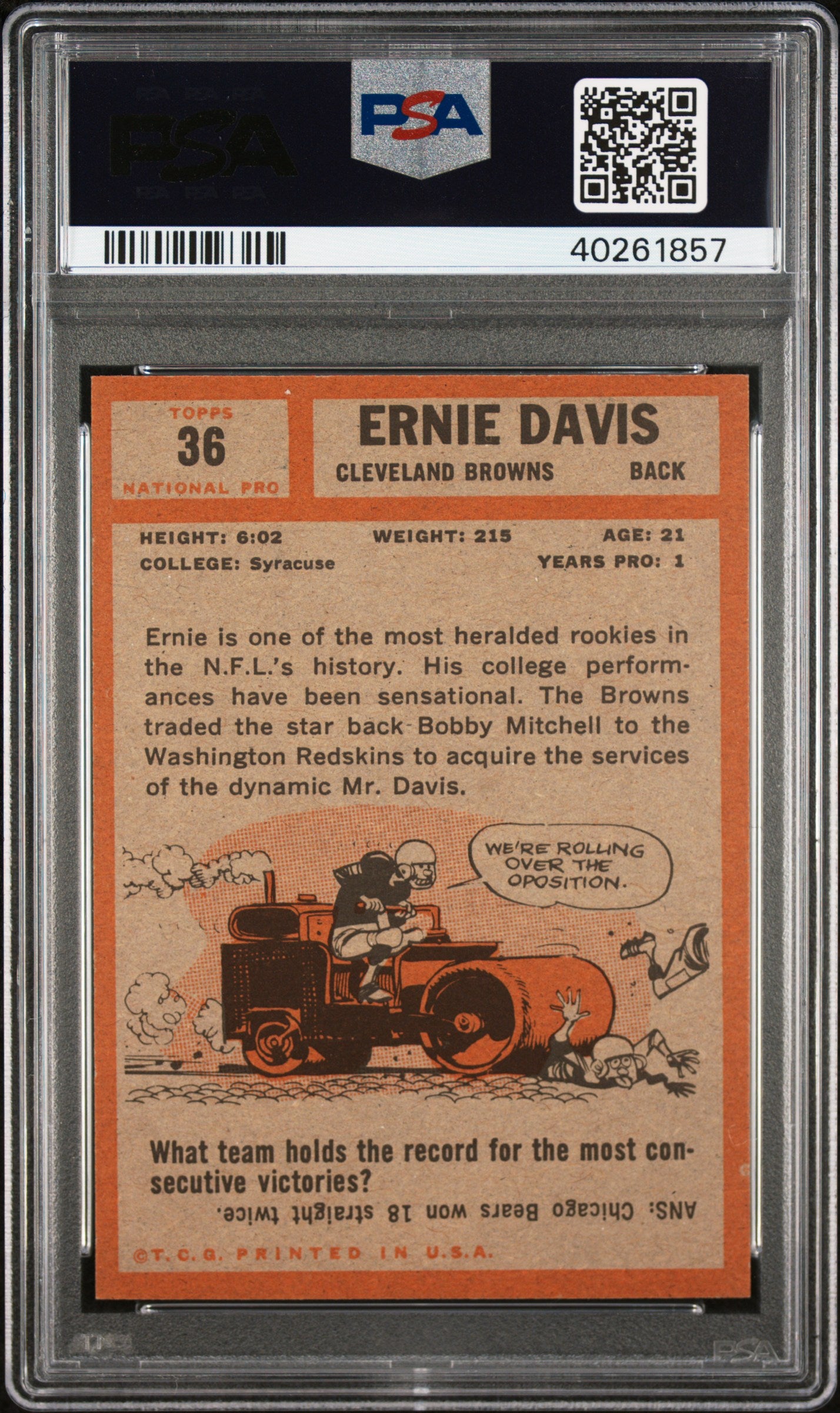 1962 Topps #36 Ernie Davis RC Rookie PSA 8 NM-MT High Grade New Label 4 HIGHER