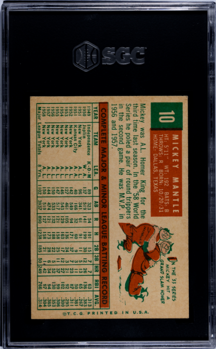 1959 Topps #10 Mickey Mantle SGC 7.5 NM+ High Grade Fantastic Color