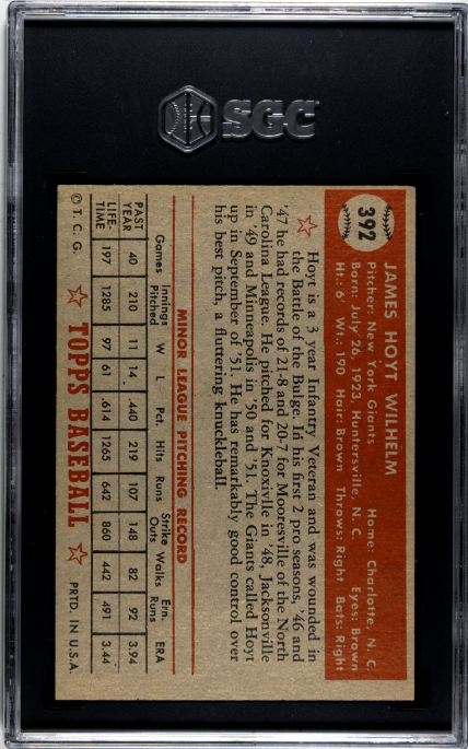 1952 Topps #392 Hoyt Wilhelm RC Rookie SGC 5 EX SHARP + Nice Color