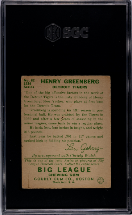 1934 Goudey #62 Henry Hank Greenberg RC Rookie SGC 3 VG Nice Color + Sharp