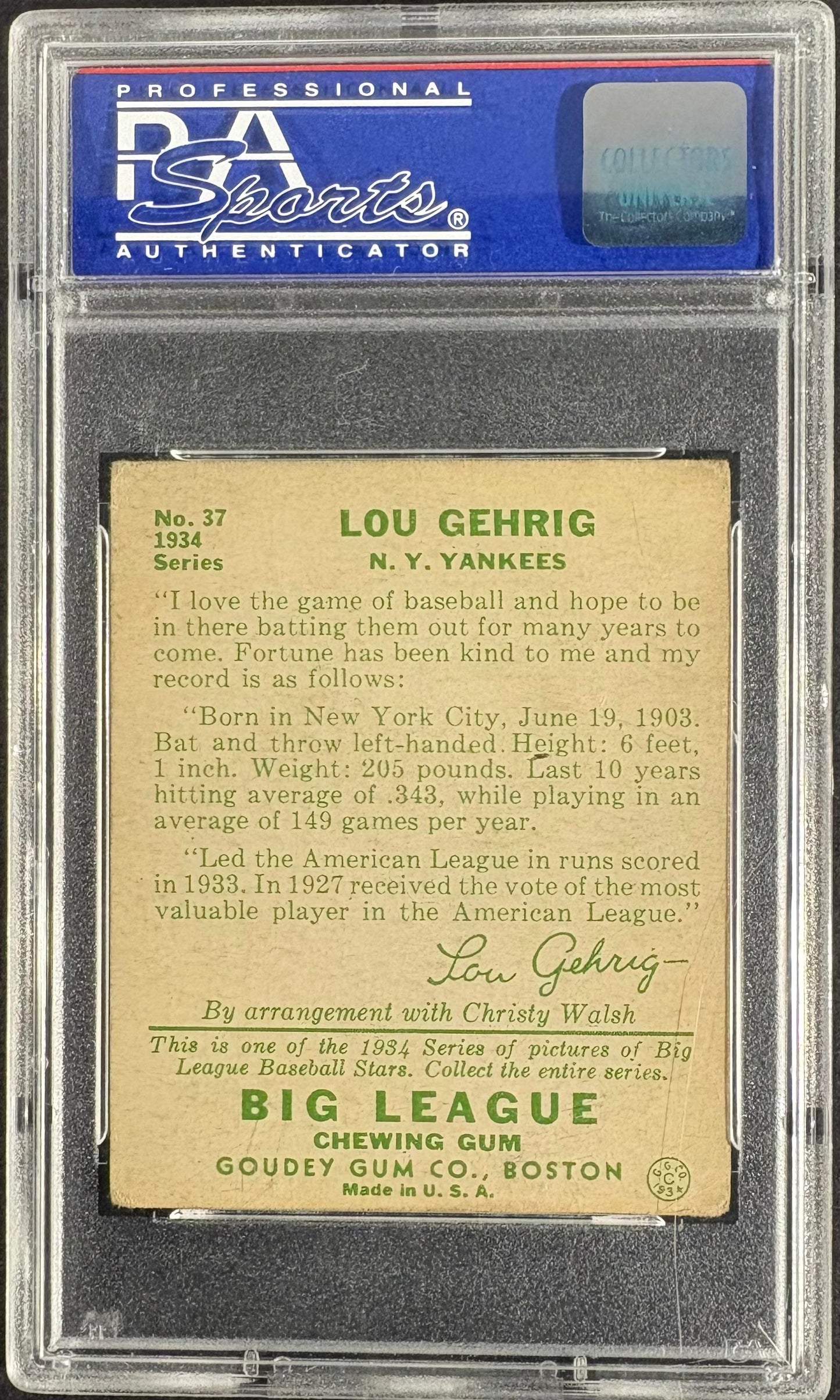 1934 Goudey (R320) #37 Lou Gehrig PSA 3 VG Well Centered Nice Color