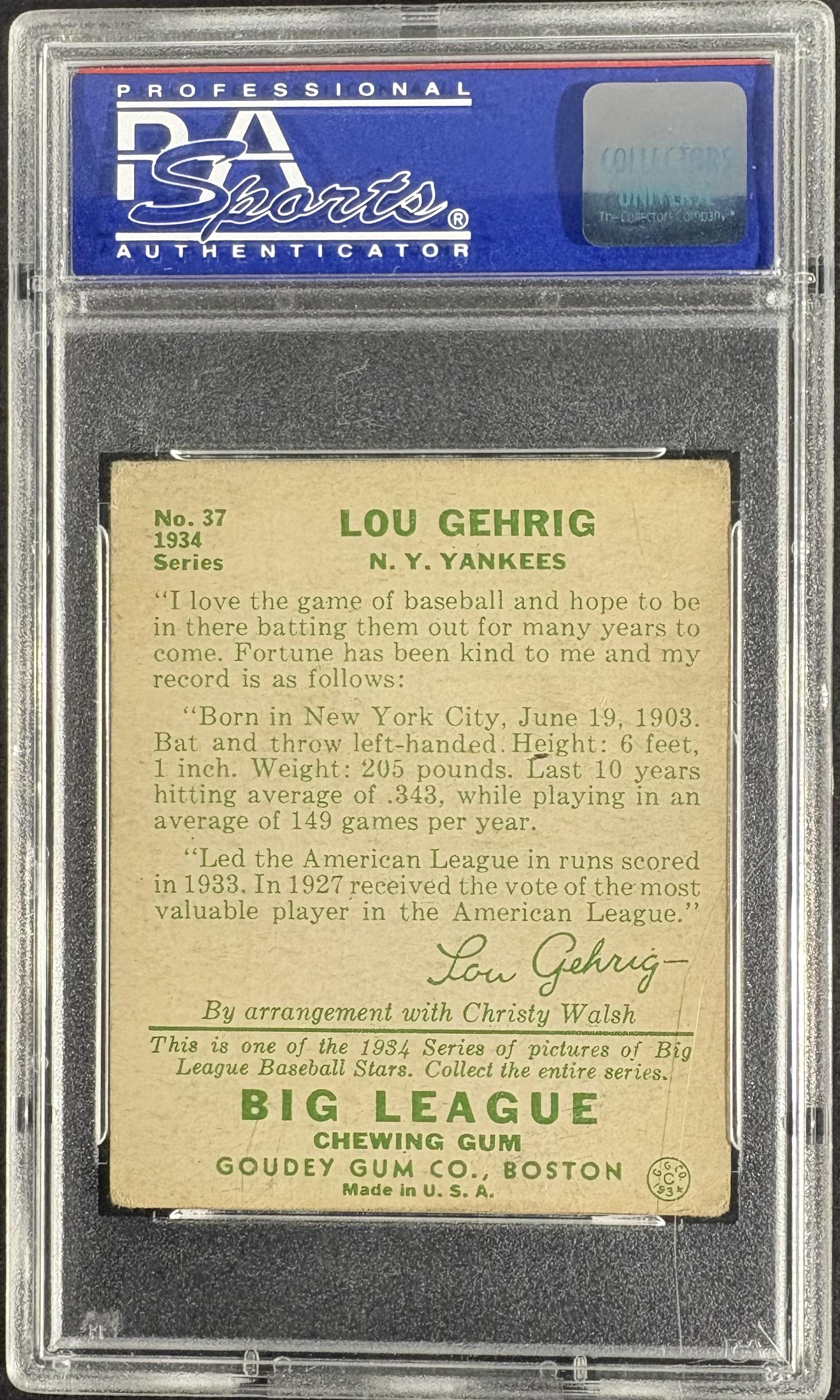 1934 Goudey (R320) #37 Lou Gehrig PSA 3 VG Well Centered Nice Color