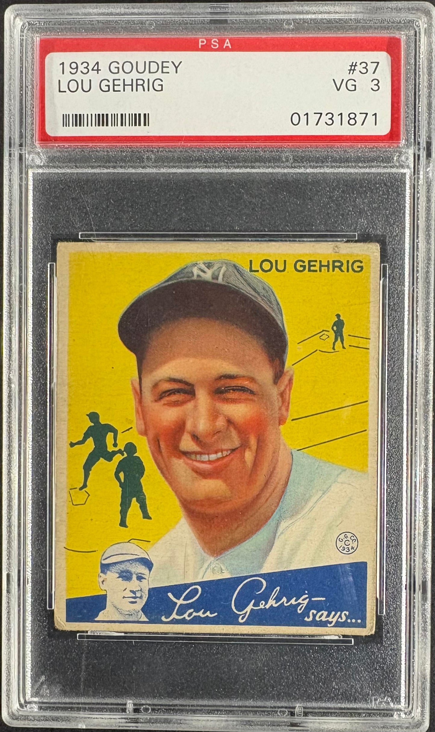 1934 Goudey (R320) #37 Lou Gehrig PSA 3 VG Well Centered Nice Color
